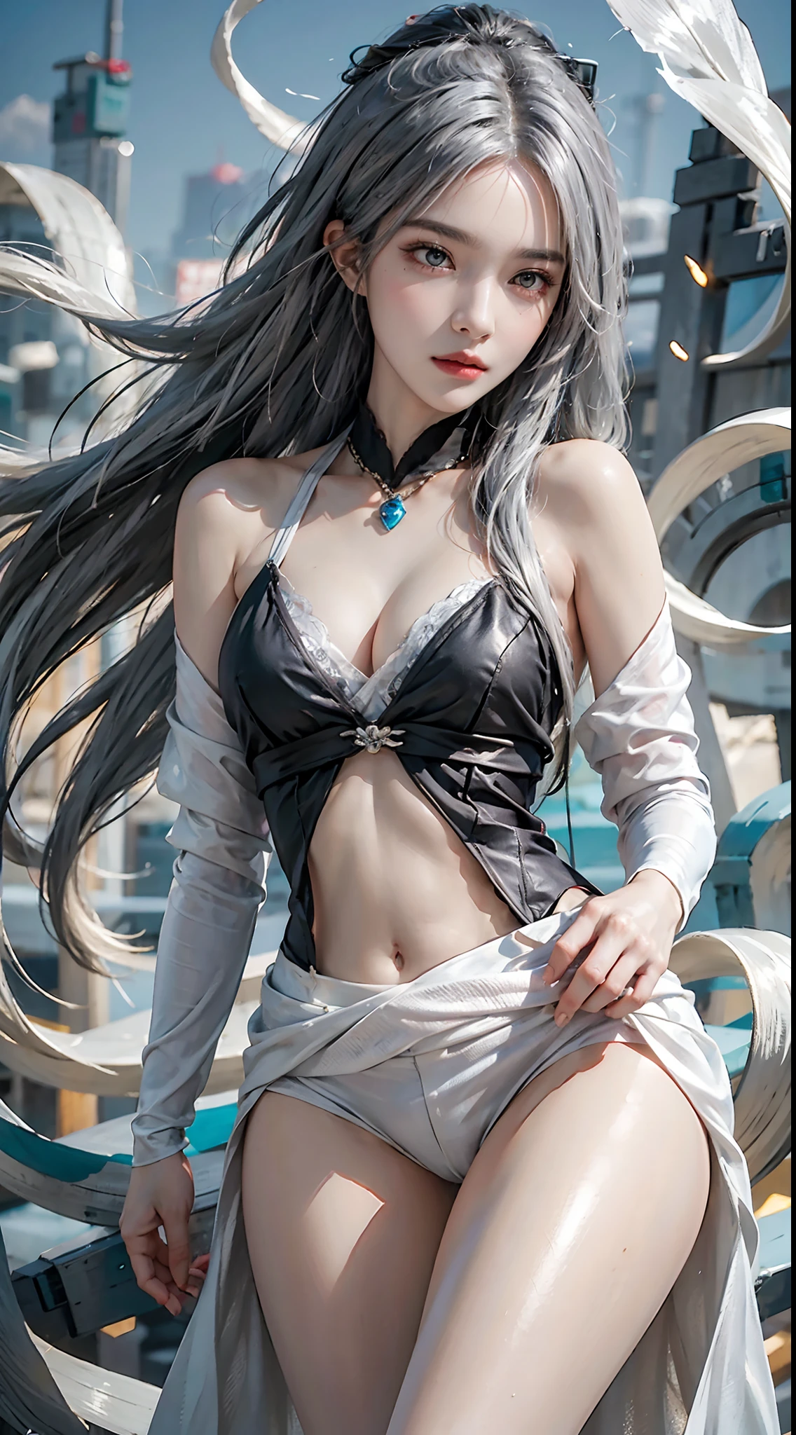 Photorealistic, high resolution, Soft light,1womanl, Solo, Hips up, (Detailed, Clear faces),tattoo, jewelry, Shiny hair, Long hair,Hair_decorations,Hair_between_Eyes, Long_Hair, (Silver_Hair:1.2),bangs, Genshin Impact, shenhe \(Genshin Impact\), shenhe \(Genshin Impact\), grassy fields, mountains background, shenhe, Character \(Series\)