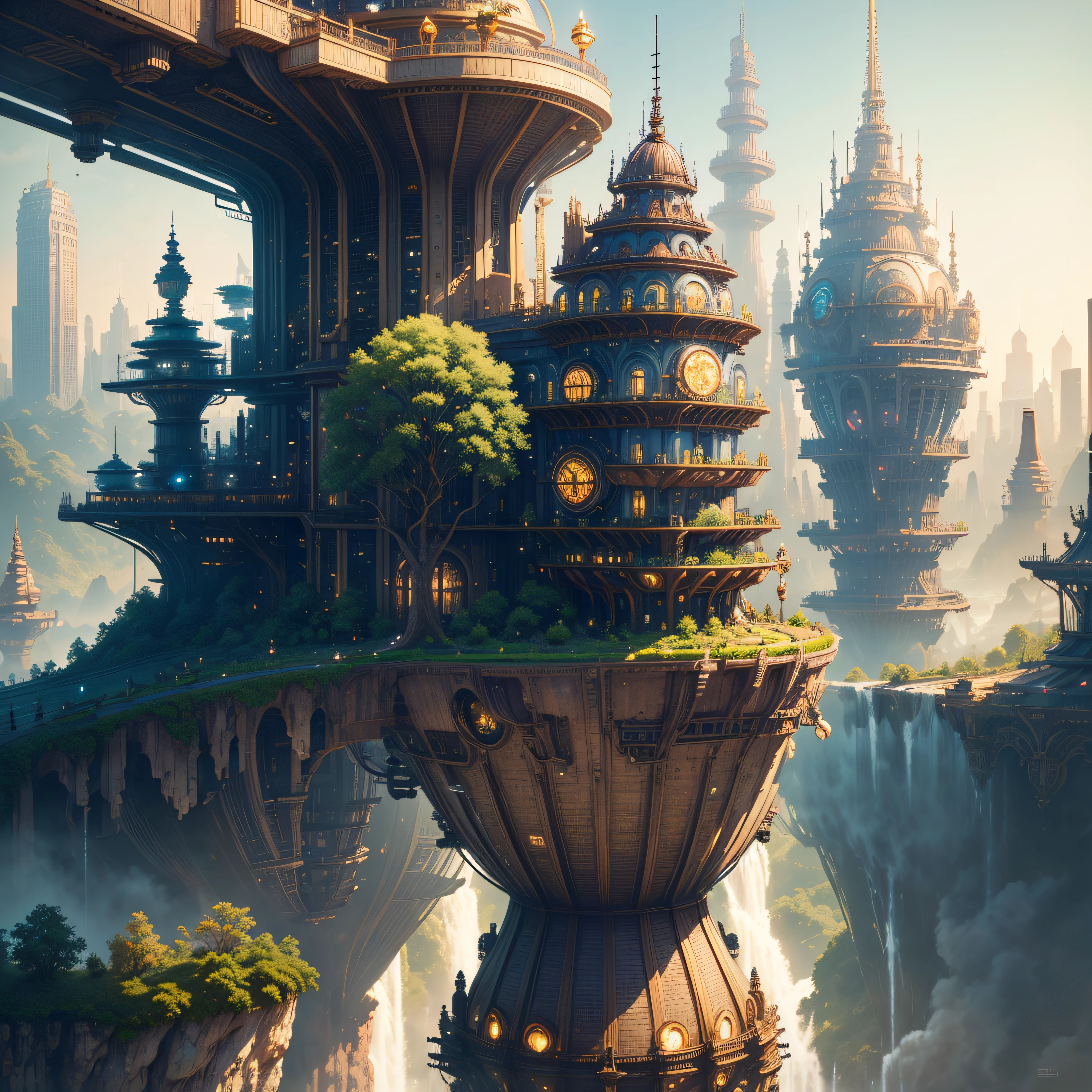 8K Ultra HD Futuristic Steampunk Mega Metropolis: airships soaring in the background with mechanical precision as city architecture seamlessly blends Victorian charm with intricate steampunk machinery. Amidst colossal skyscrapers, luscious green gardens flourish, waterfalls cascade from towering structures to serene lakes below. A harmonious fusion of futuristic steampunk society integrated with nature's beauty. Rich colors create a visually captivating juxtaposition. High detailed and intricate. The focus should be on the whole metropolis not the airships.