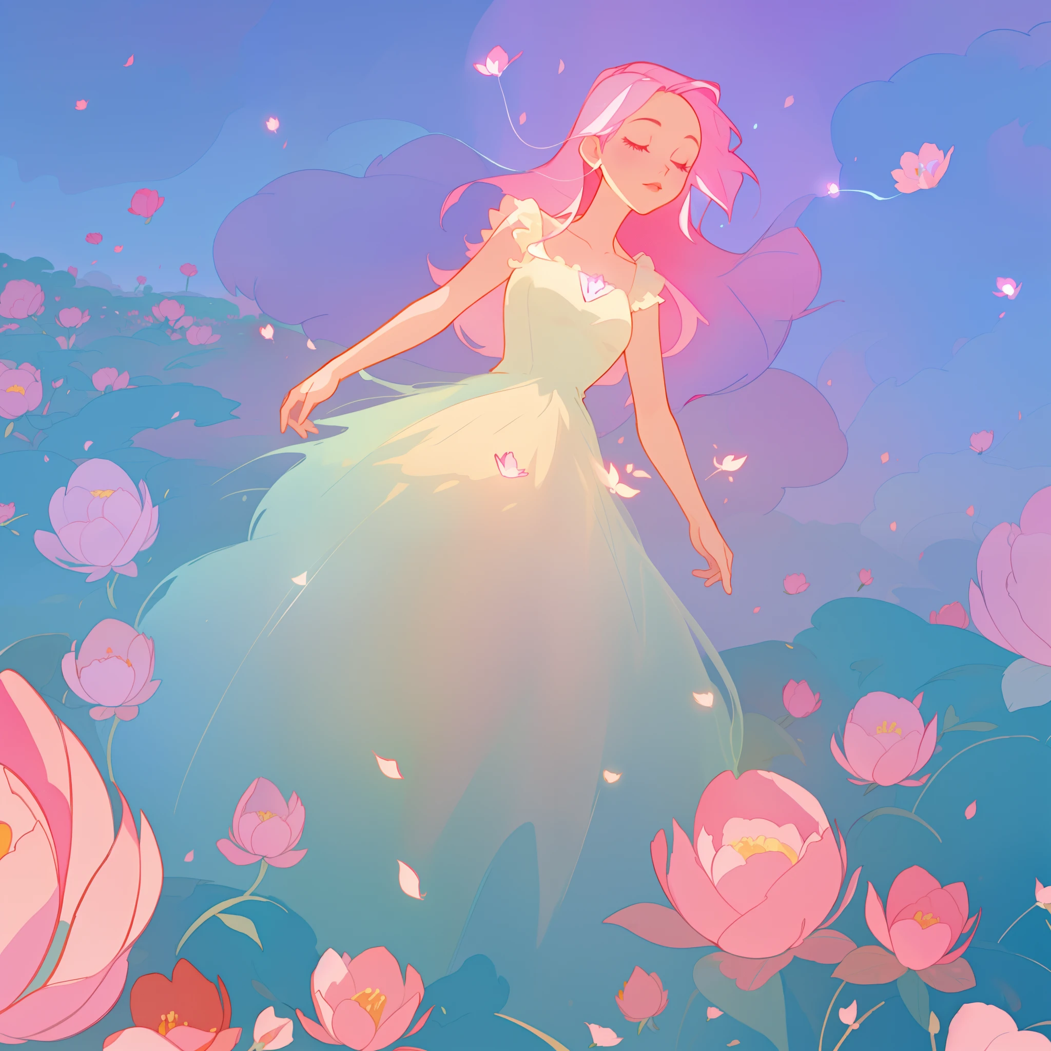 beautiful girl in puffy white ballgown, a field with circular pink red flowers, otherworldly flowers, glowing lights, whimsical landscape, long pink flowing hair, watercolor illustration, inspired by Glen Keane, inspired by Lois van Baarle, disney art style, by Lois van Baarle, glowing aura around her, by Glen Keane, jen bartel, glowing lights! digital painting, flowing glowing hair, glowing flowing hair, beautiful digital illustration, fantasia otherworldly landscape plants flowers, beautiful, masterpiece, best quality, anime disney style