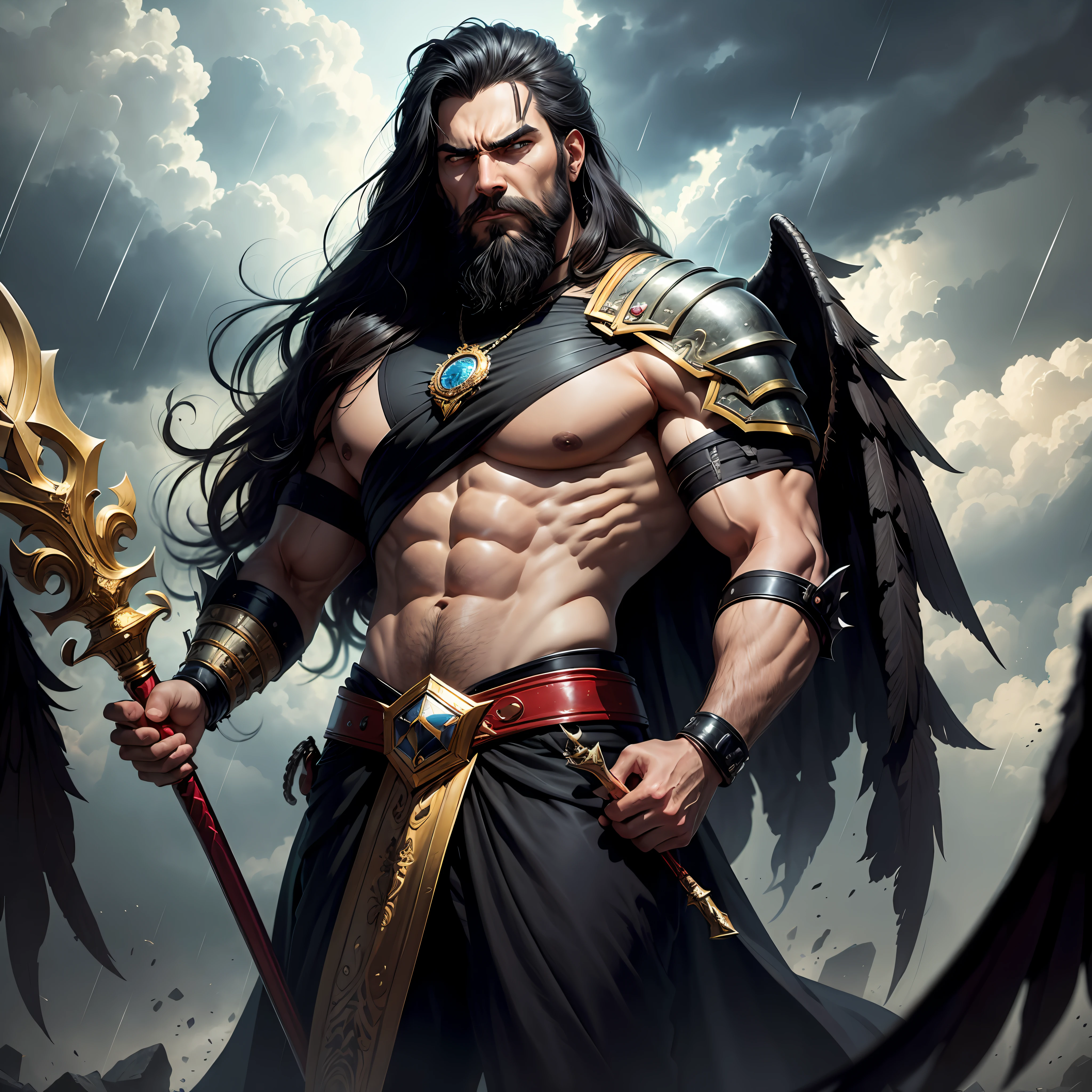 A man like Persian king Darius the Great, long black beard like Achaemenid Persian soldiers, very muscular body, long black hair, two big black wings, iron scepter in hand, angry and angry, like God, like Persian king Darius, his face like super villain , the weather is stormy and rainy, he looks at the sky, high quality --auto