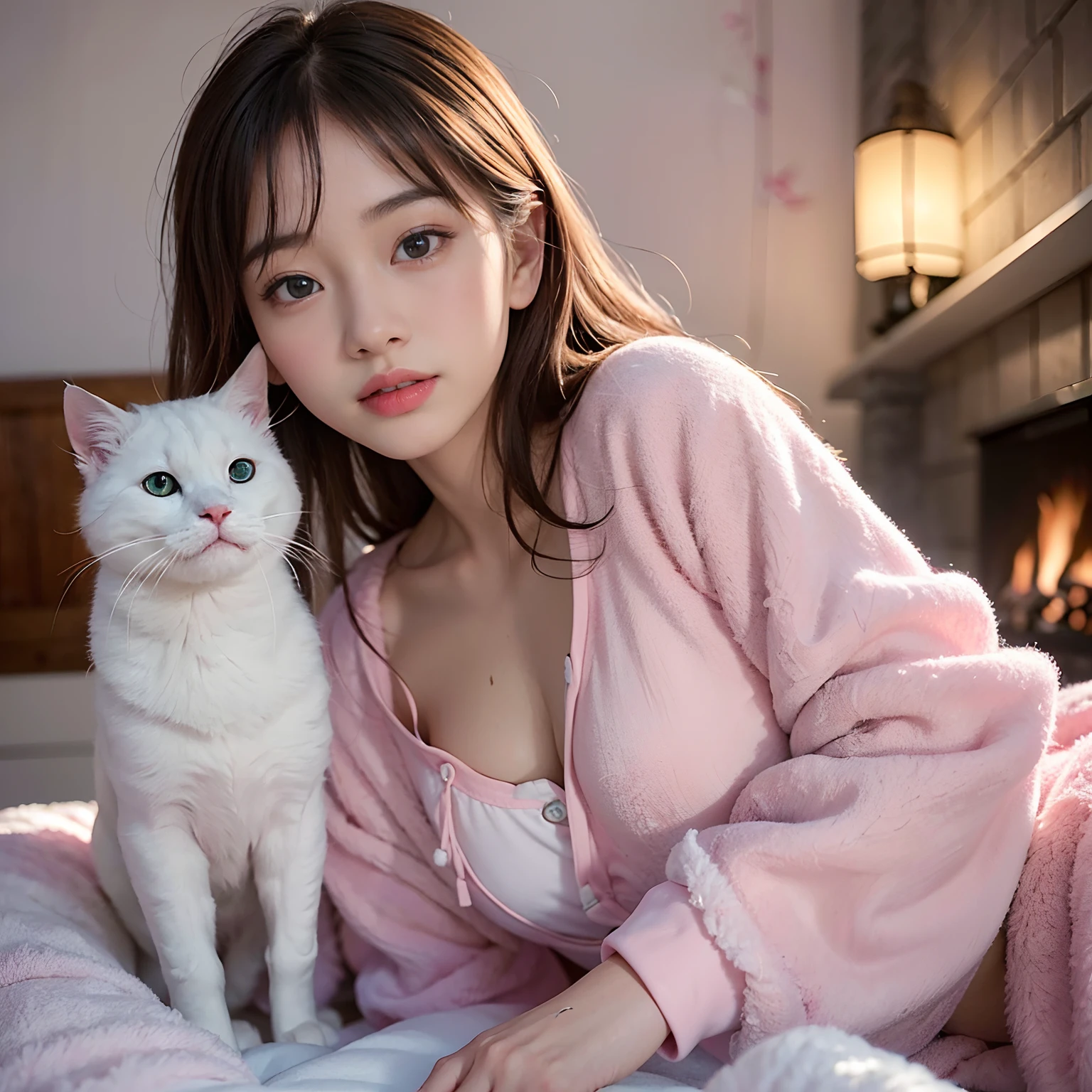 Diffuse lighting、 Highest quality, High resolution, unity 8k wallpaper、Supersaturation, Colorful, fairy tale, dream-like, Movie-like characters, oil, 3d, 8K resolution, Sequins, Sparkling, moonlight, Close-up portrait adorable,Too cute cat, Fine grain, Large, round, reflective eyes,Dreamland、pastel colour、pleasant to the touch、Marshmallow cushion、Fluffy sofa、Sitting on a sofa made of cotton candy、Smile happily、hug a cat、Staring at the cat、full moon、Mysterious Flower、Beautiful cat、cute cat、Cat Castleの中、Detailed eyes, nose and mouth、Cat Castle、