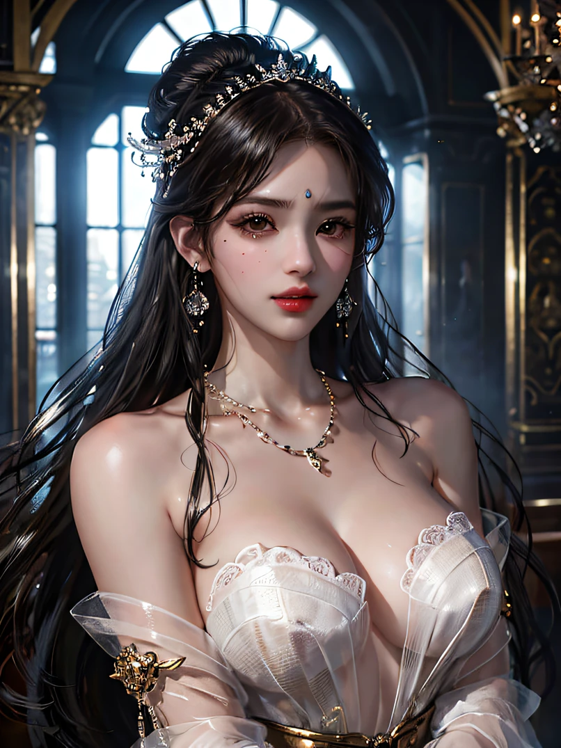 hightquality、hight resolution、masterpiece、foco nítido、reallistic、photographrealistic、Raw photography、lighting like a movie、face lights、bustshot、Photorealistic portrait of stunningly beautiful woman、Highly detailed brown eyes、detailed symmetric realistic face、Highly detailed natural textures、ighly detailed、finely detail、richly colored、ultra realistic textures、dramatic lighting、Straight hairstyle、A dark-haired、glistning skin、A smile、closes mouth、爆乳、Off-shoulder see-through white long dress、a necklace、Earring、Gold bangles、hyperdetailed face、A detailed eye、watching at viewers、Luxurious rooms in the palace、Highly detailed facial and skin texture、Focus on the face、Detailed hand depiction、Sitting on Stool