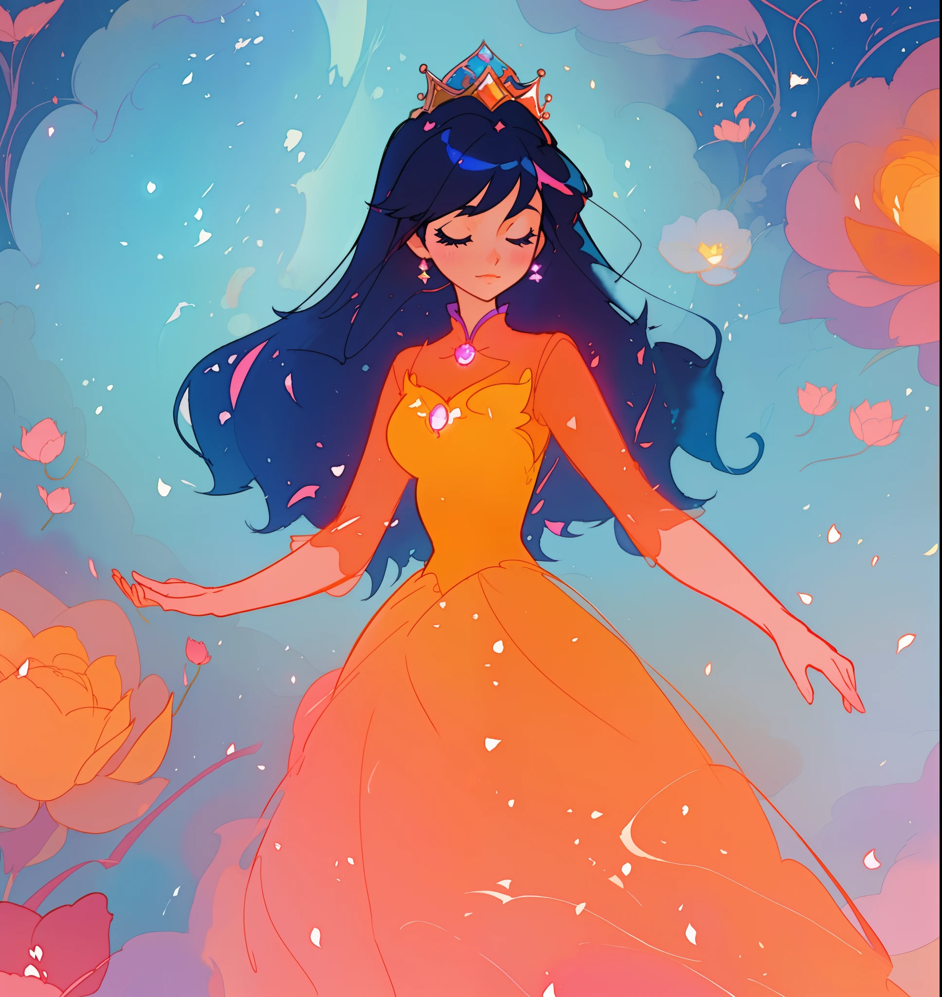 beautiful girl in puffy ballgown, princess, whimsical circular watercolor background, long dark hair, watercolor illustration, inspired by Glen Keane, inspired by Lois van Baarle, disney art style, by Lois van Baarle, glowing aura around her, by Glen Keane, jen bartel, glowing lights! digital painting, flowing glowing hair, glowing flowing hair, beautiful digital illustration, fantasia otherworldly landscape plants flowers, beautiful, masterpiece, best quality, anime disney style