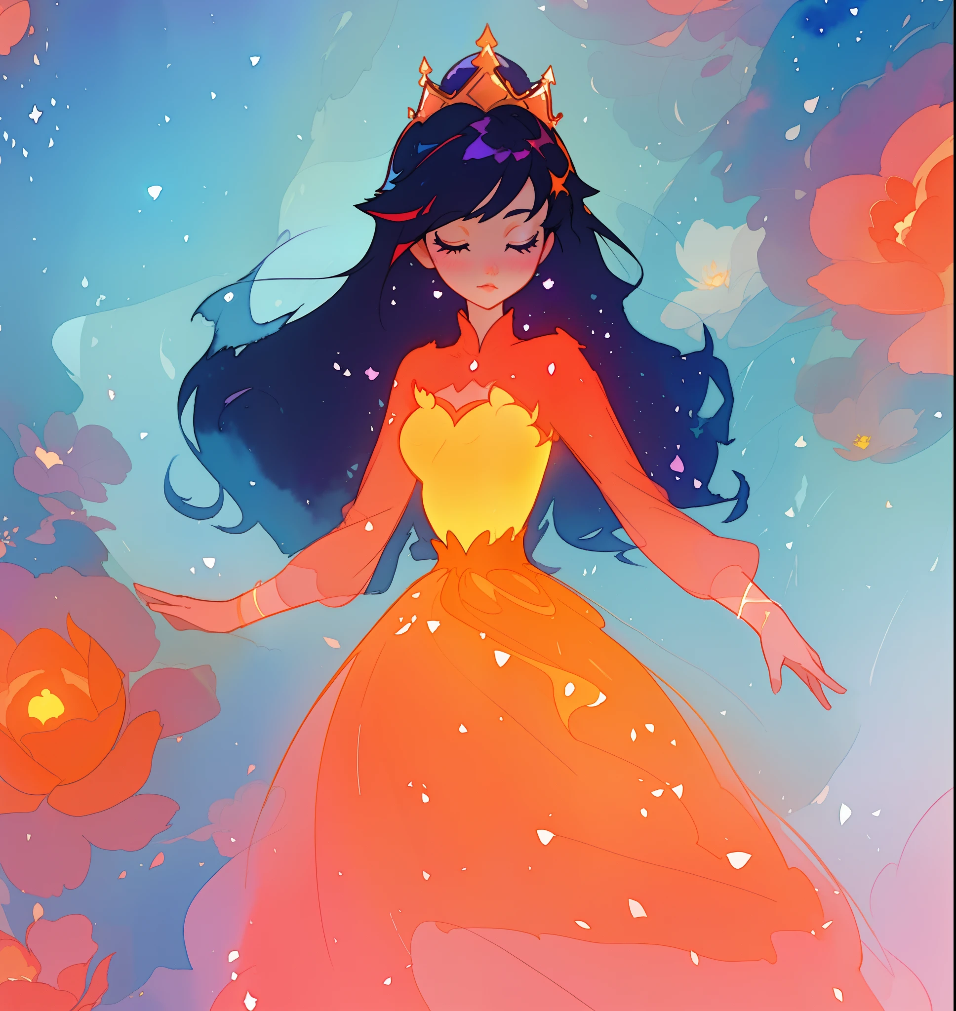 beautiful girl in puffy ballgown, princess, whimsical circular watercolor background, long dark hair, watercolor illustration, inspired by Glen Keane, inspired by Lois van Baarle, disney art style, by Lois van Baarle, glowing aura around her, by Glen Keane, jen bartel, glowing lights! digital painting, flowing glowing hair, glowing flowing hair, beautiful digital illustration, fantasia otherworldly landscape plants flowers, beautiful, masterpiece, best quality, anime disney style