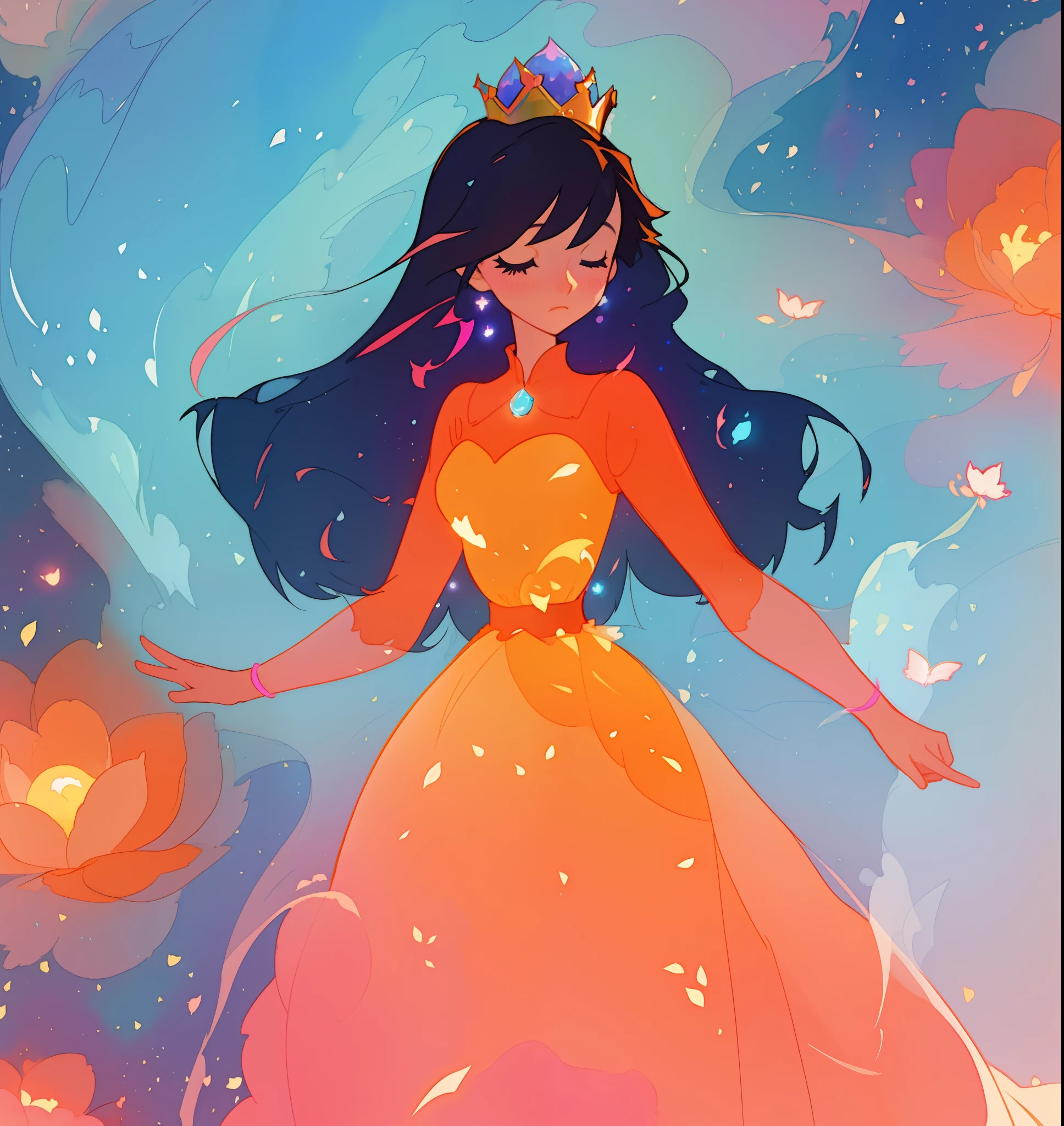 beautiful girl in puffy ballgown, princess, whimsical circular watercolor background, long dark hair, watercolor illustration, inspired by Glen Keane, inspired by Lois van Baarle, disney art style, by Lois van Baarle, glowing aura around her, by Glen Keane, jen bartel, glowing lights! digital painting, flowing glowing hair, glowing flowing hair, beautiful digital illustration, fantasia otherworldly landscape plants flowers, beautiful, masterpiece, best quality, anime disney style