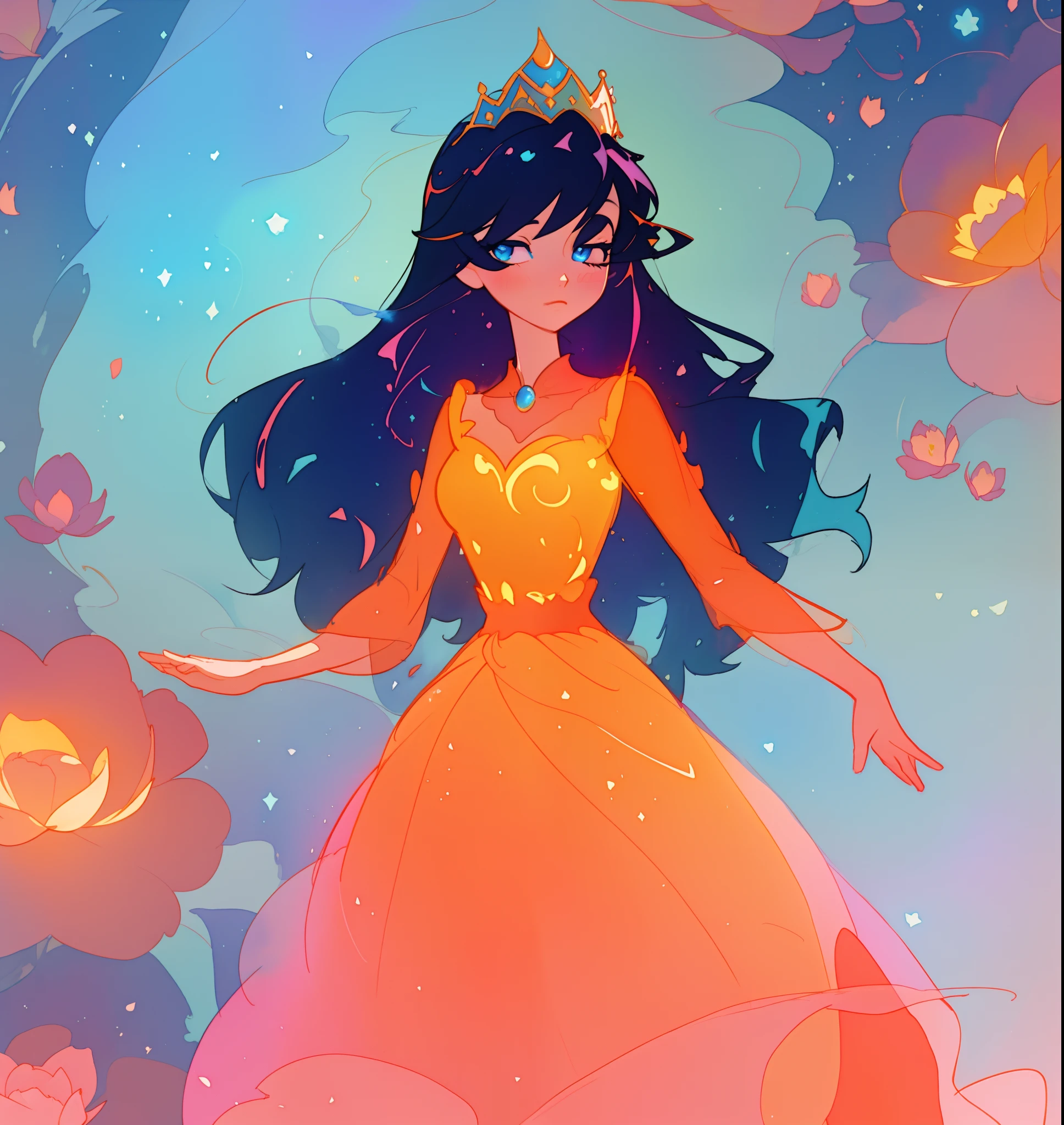 beautiful girl in puffy ballgown, princess, whimsical circular watercolor background, long dark hair, watercolor illustration, inspired by Glen Keane, inspired by Lois van Baarle, disney art style, by Lois van Baarle, glowing aura around her, by Glen Keane, jen bartel, glowing lights! digital painting, flowing glowing hair, glowing flowing hair, beautiful digital illustration, fantasia otherworldly landscape plants flowers, beautiful, masterpiece, best quality, anime disney style