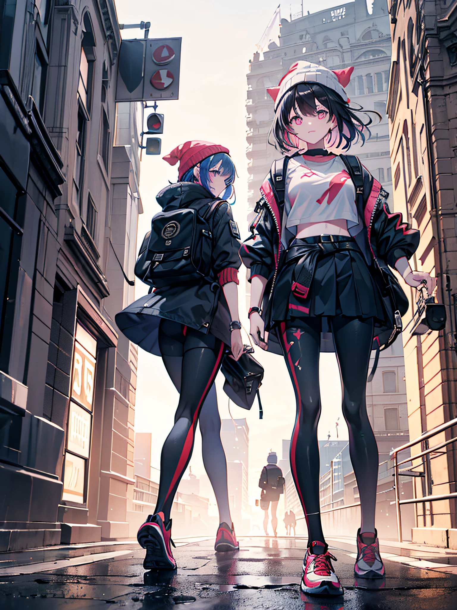 A gator with long multicolored hair wearing a beanie, detailed light pink eyes, open bubble jacket, cropped top, backpack, holding the backpack strap, leggings, white high-top sneakers, thick belt half-dropped at the waist, the girl is walking on a sidewalk downtown at night among people, astigmatism lights, {extremely detailed 16k CG unit wallpaper}, expansive landscape photography, (a low view with focus on character and setting), (wide view of open field ), (low angle shot), (high light: 1.0), (low light: 1.8), (warm light source: 1.2), complex details, (iridescent colors: 1.8), (bright lighting), (atmospheric lighting ), dreamy, magical, aesthetic