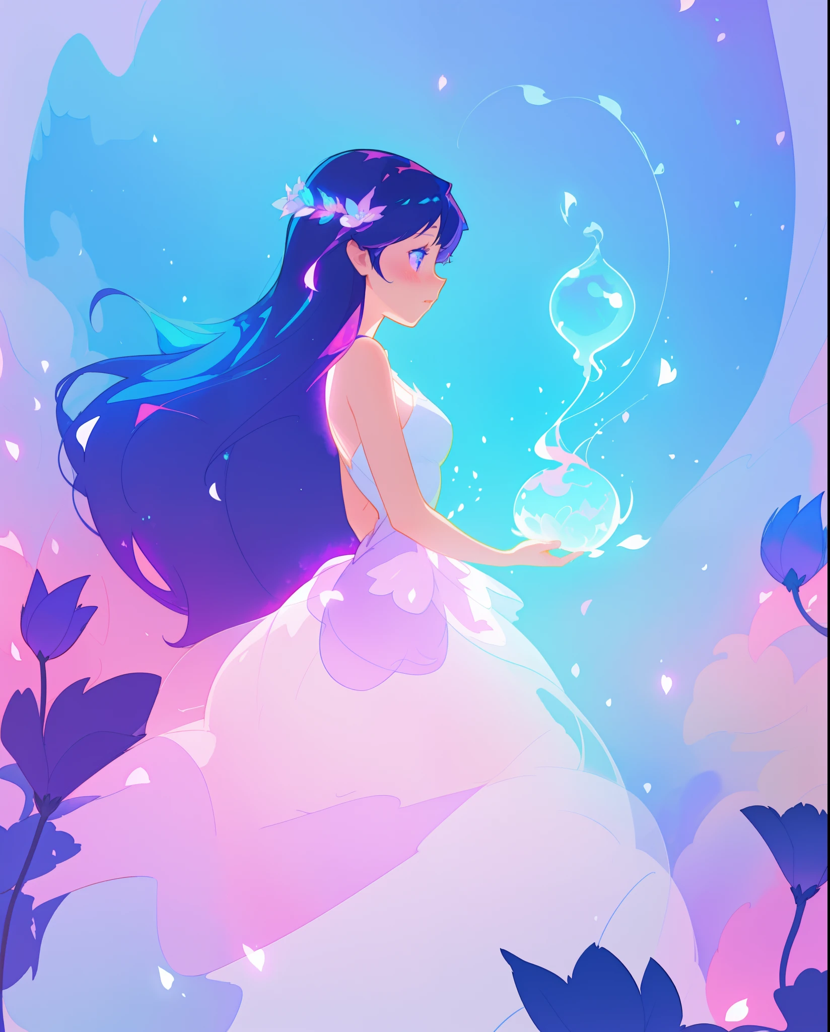 beautiful girl in puffy white ballgown, long dark hair, magical glowing blue lights, magical, whimsical, blue pink and purple colors, watercolor illustration, inspired by Glen Keane, inspired by Lois van Baarle, disney art style, by Lois van Baarle, glowing aura around her, by Glen Keane, jen bartel, glowing lights! digital painting, flowing glowing hair, glowing flowing hair, beautiful digital illustration, fantasia otherworldly landscape plants flowers, beautiful, masterpiece, best quality, anime disney style