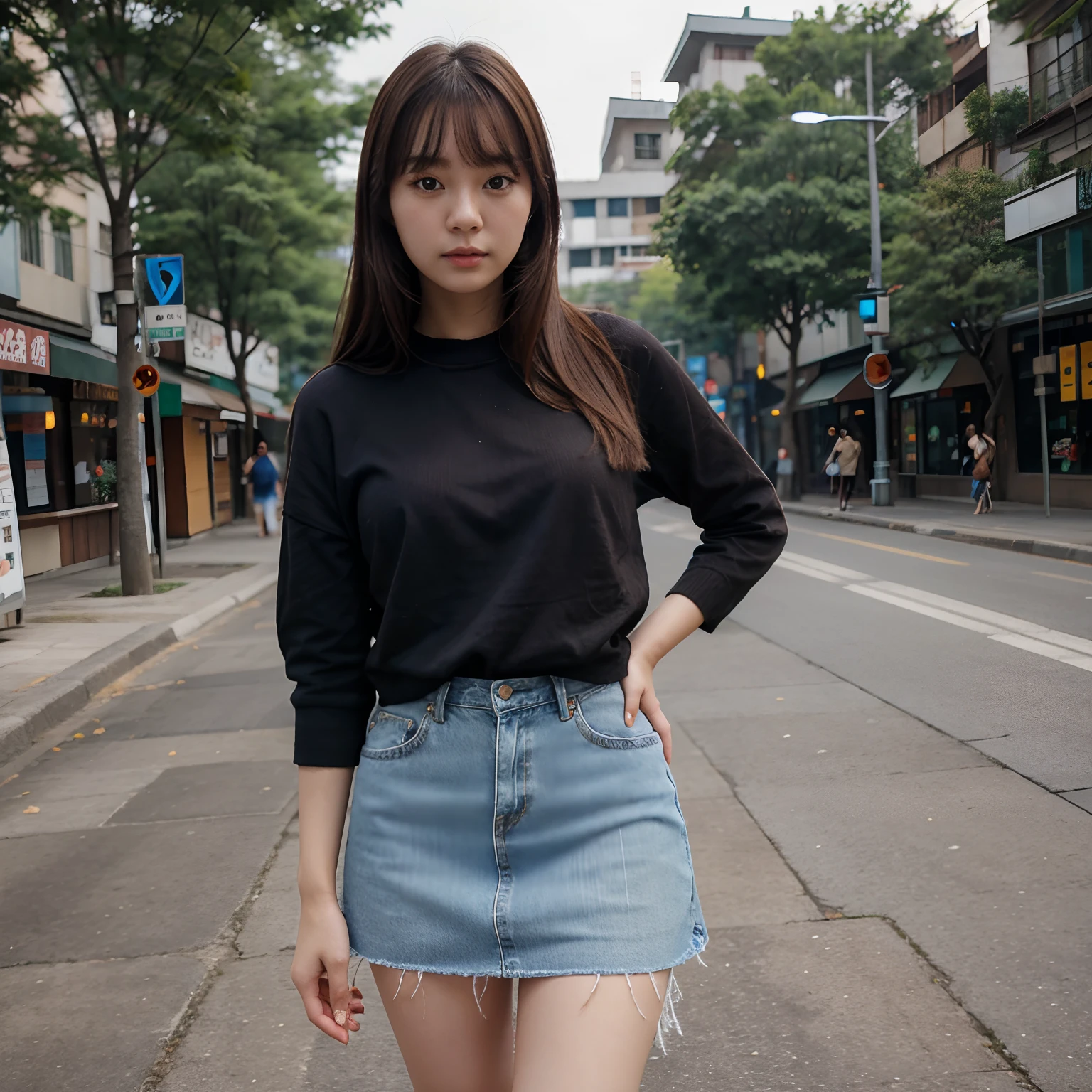 Korean, young woman, brown hair with fringe, posing, denim skirt