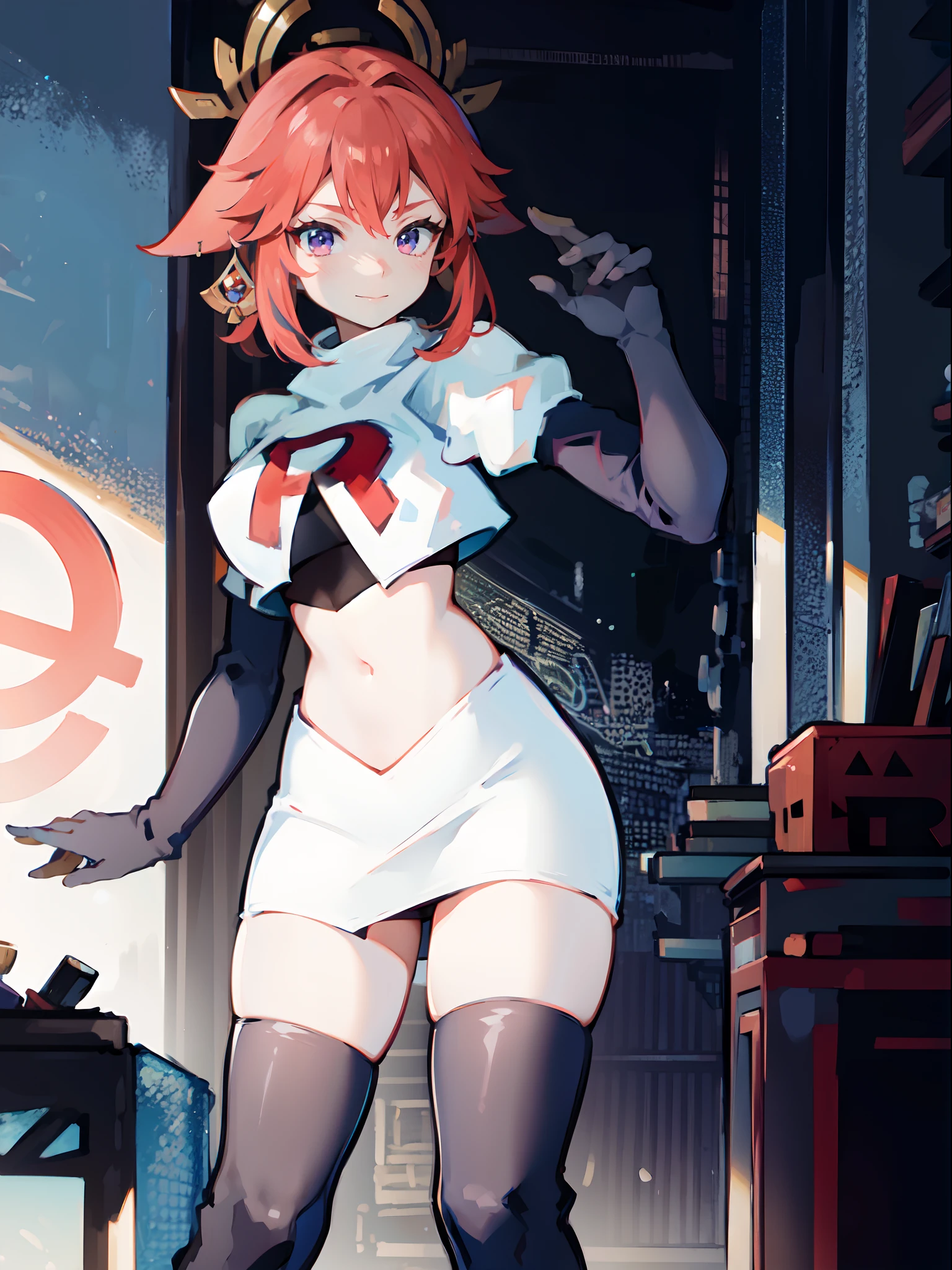 yae miko,1girl,team rocket,team rocket uniform,white skirt,crop top,black thigh-highs,black elbow gloves,