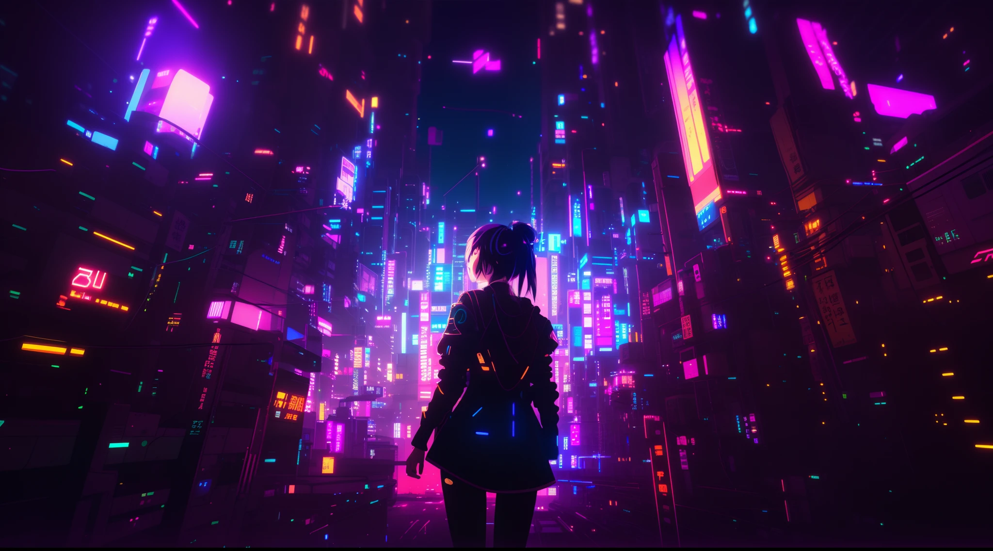 anime girl looking at a city at night, style hybrid mix of beeple, in a futuristic cyberpunk city, digital cyberpunk - anime art, in cyberpunk city, dreamy cyberpunk girl, digital cyberpunk anime art, cinematic beeple, in style of beeple, beeple style, 3 d render beeple, in a cyberpunk city, beeple masterpiece