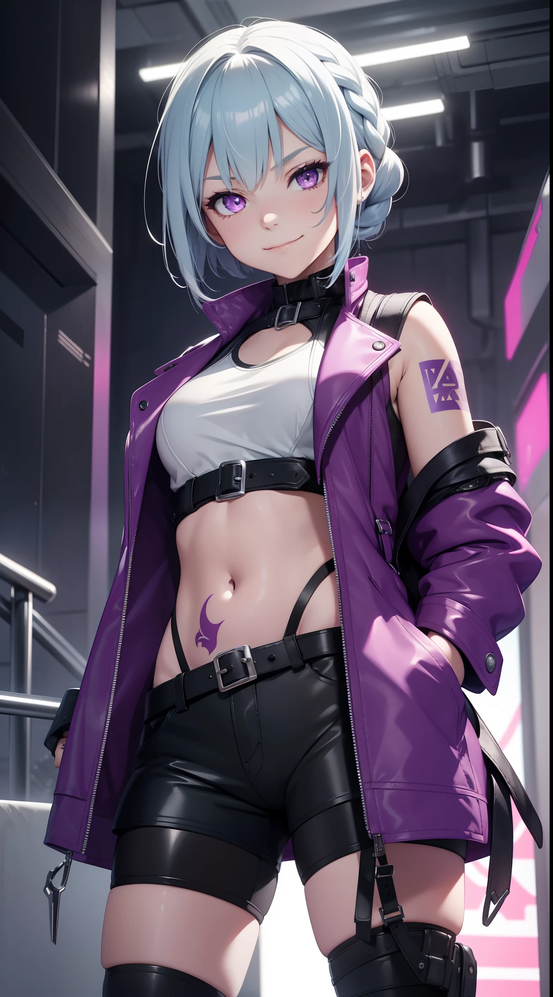 young girl, short white hair, braid, purple eyes, cyan leather coat, sleeveless, open belly, shorts, long tights, long gray gloves, red tattoo, smirk, Masterpiece, hiquality, 4k, HD, Good detail
