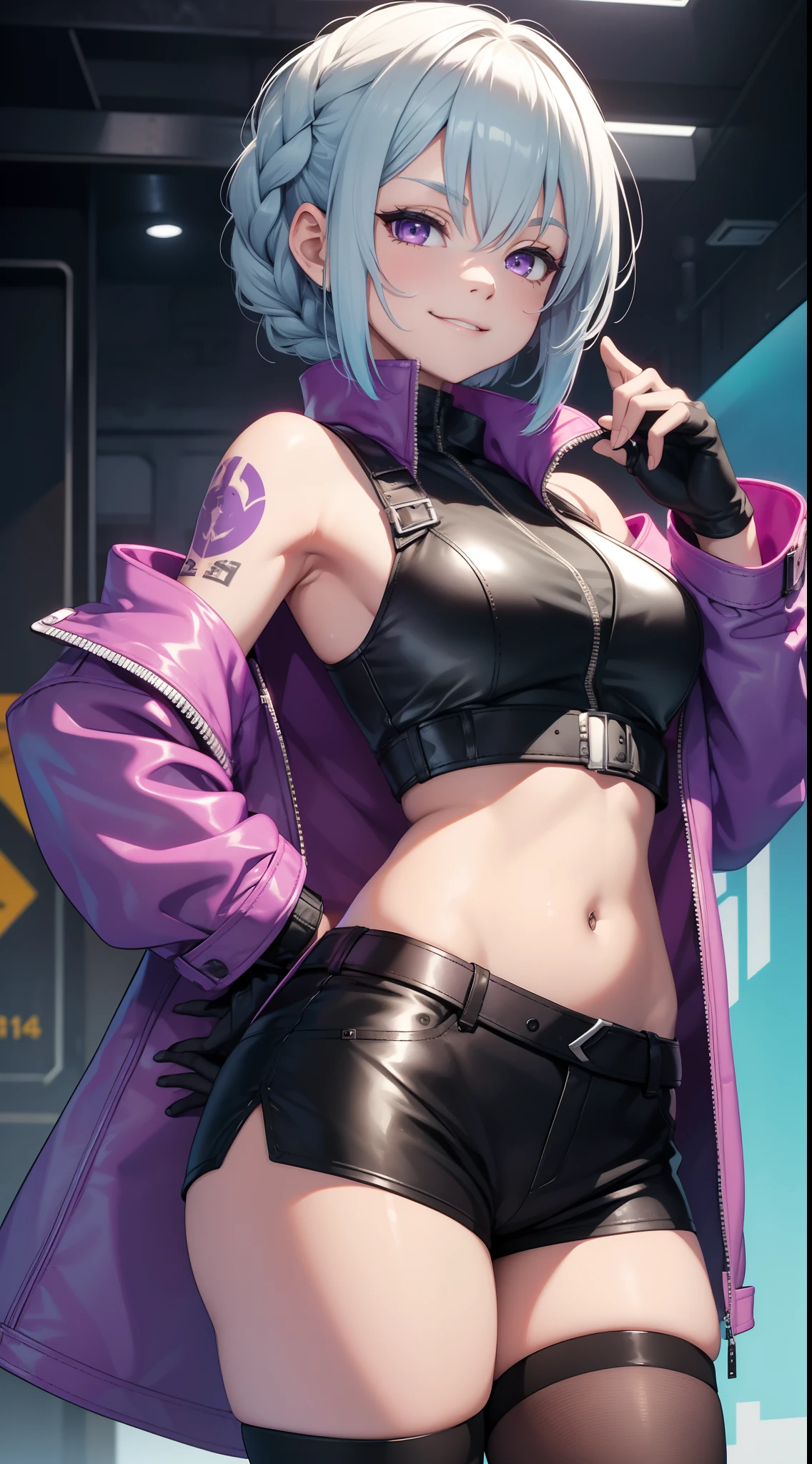 young ebony girl, black skin, purple hair, high ponytail, yellow eyes, White leather jacket, skirt, open belly, big breasts、underboob, smile, masterpiece, high quality、((dim game center))、heavy makeup、Shiny light pink strong lipstick、detailed background