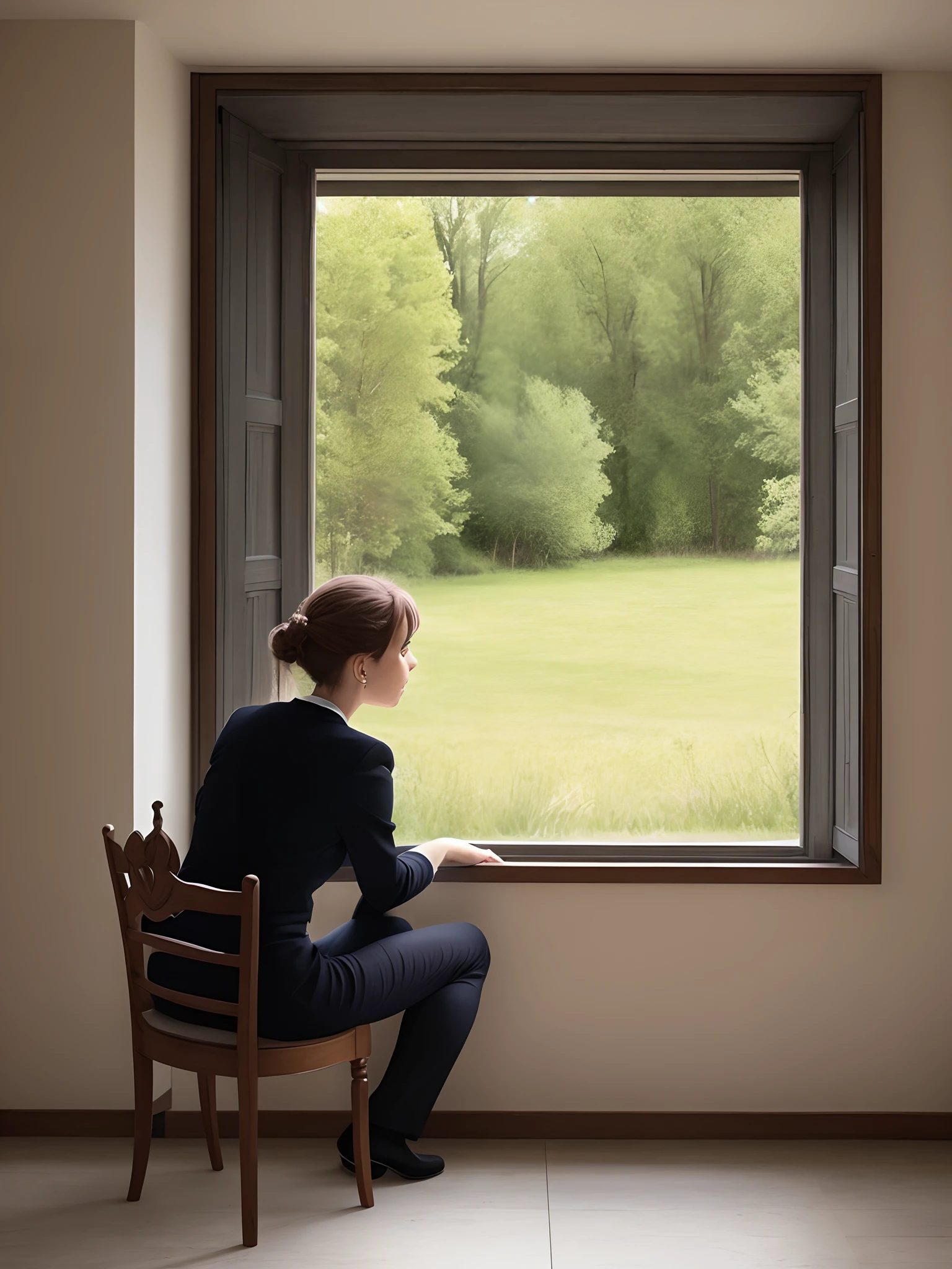 Une personne qui pense. Elle est assise sur une chaise. She looks out the window.