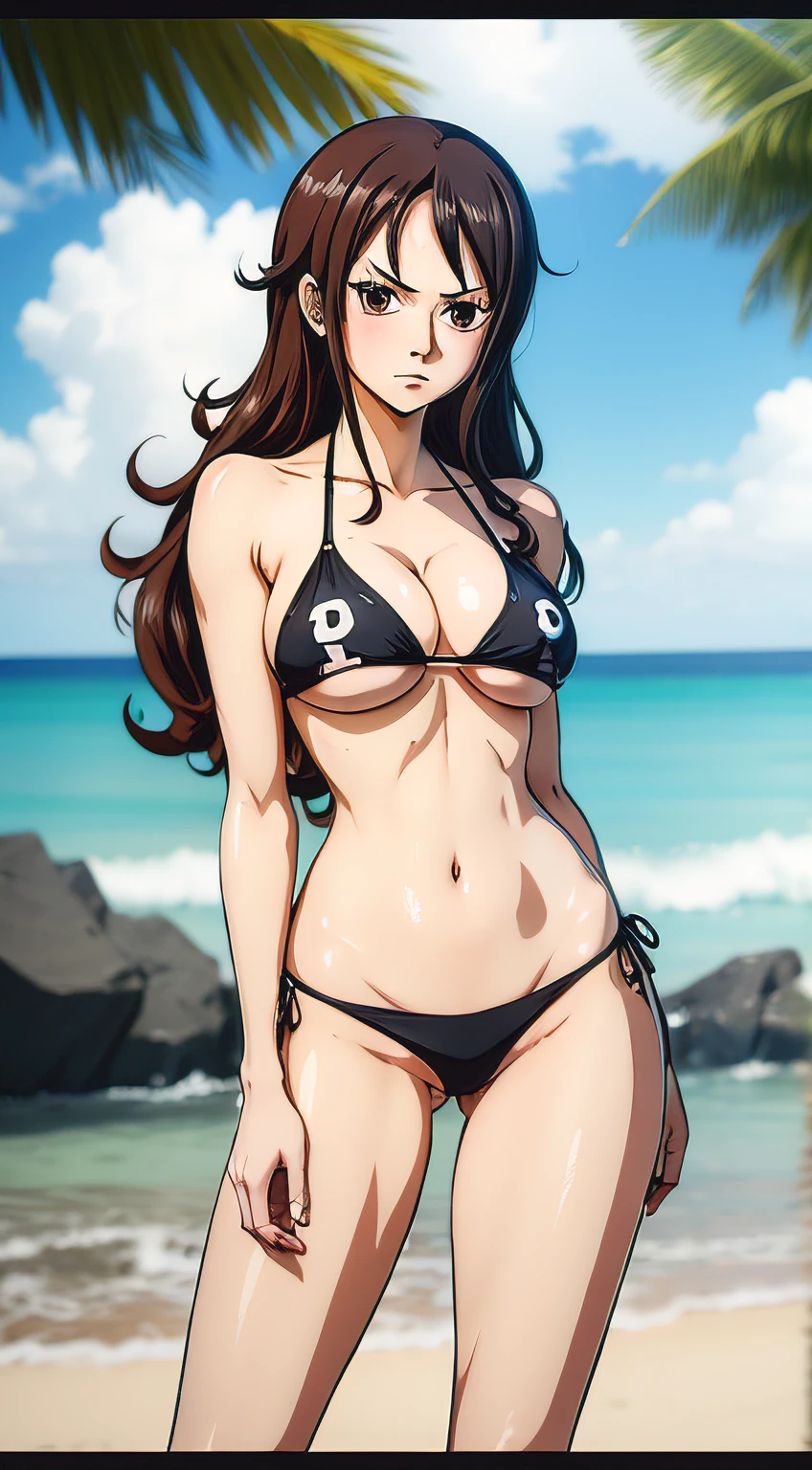 (Anime art style),Boyahan Cook in One Piece, Brown eyes, Long black hair, Wear a black split bikini, sentado na praia, Blushing,(NSFW), Front view.