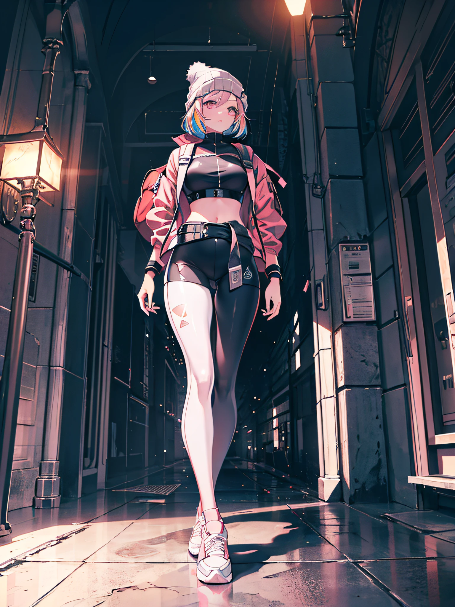 A girl in profile with long multicolored hair wearing a beanie, detailed light pink eyes, open bubble jacket, crop top, backpack, holding the backpack strap, leggings, white high-top sneakers, thick belt half-fallen at the waist, the girl is walking in a downtown sidewalk at night among people, astigmatism lights, full body, thick thighs, big ass, {extremely detailed 16k CG unit wallpaper}, expansive landscape photography, (a bottom view with focus on the character and in scenery), (wide open field view), (low angle shot), (high light: 1.0), (low light: 1.8), (warm light source: 1.2), complex details, (iridescent colors: 1.8), (bright lighting), (atmospheric lighting), Dreamy, magical, aesthetic, solo:1