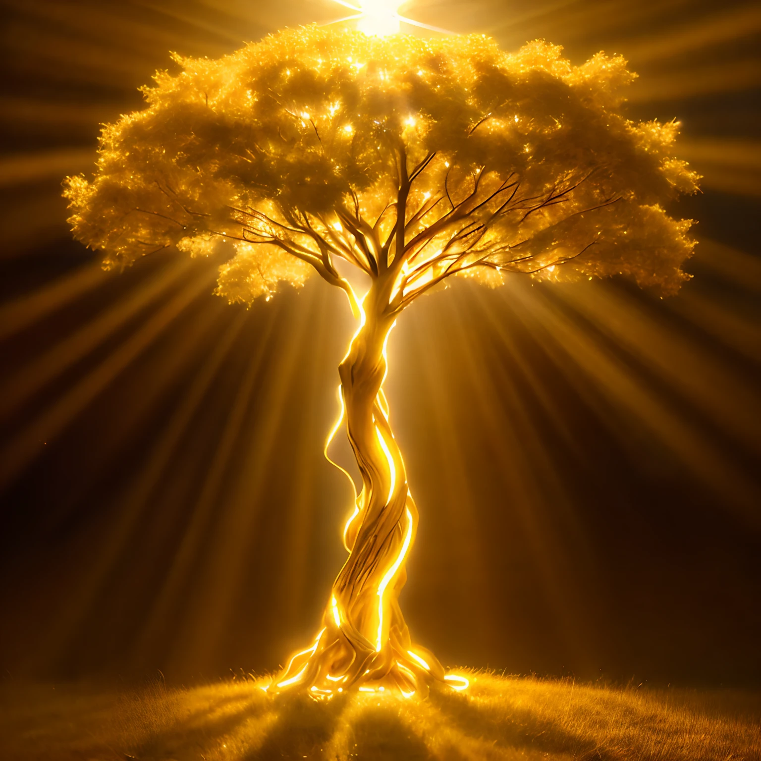 A golden tree with light shining from behind and a spiritual aura1