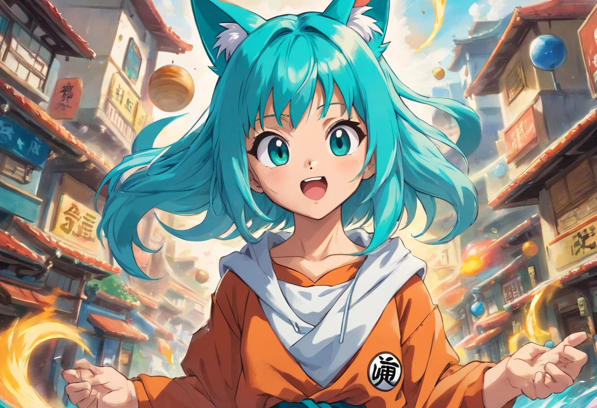 DRAGON BALL, BLMLONG, AQUA HAIR, BLUNT BANGS, LONG HAIR, CUTE, YOUNG, CRAZY EXCITED, HISPANIC, CAT EARS, CAT HOODIE, SHORTS