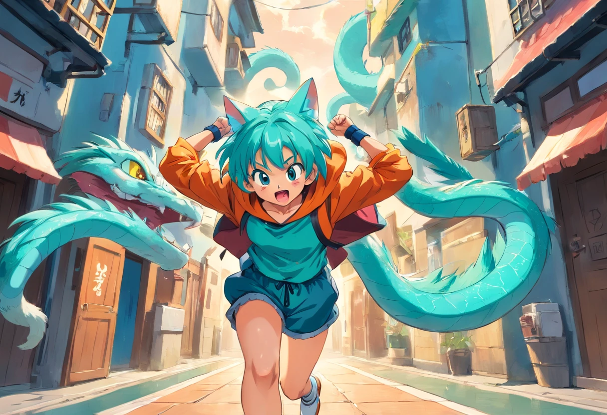DRAGON BALL, BLMLONG, AQUA HAIR, BLUNT BANGS, LONG HAIR, CUTE, YOUNG, CRAZY EXCITED, HISPANIC, CAT EARS, CAT HOODIE, SHORTS