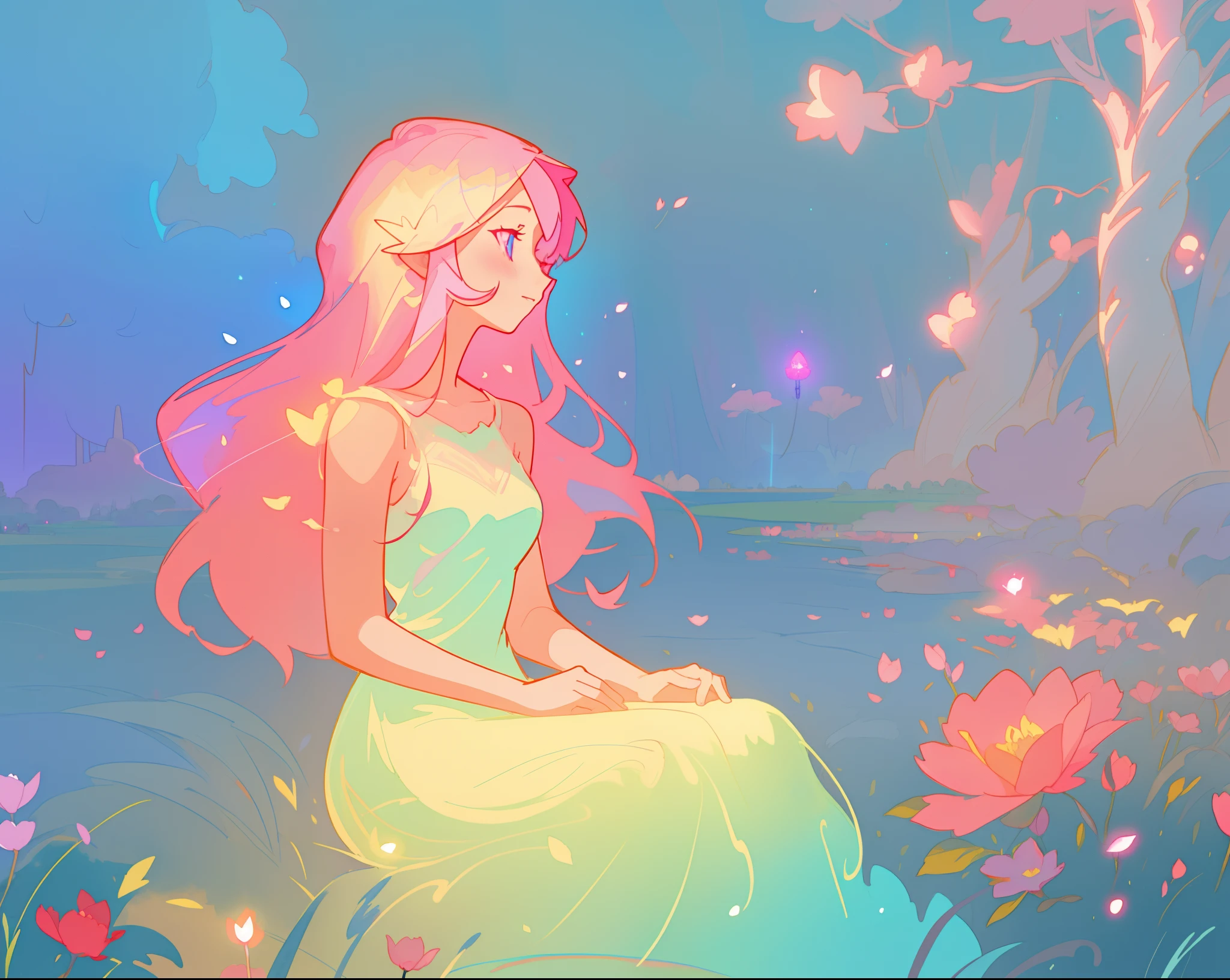 beautiful girl in white dress, fairy dress, beautiful girl sitting in a field with pink red flowers, glowing lights, whimsical landscape, long pink flowing hair, watercolor illustration, inspired by Glen Keane, inspired by Lois van Baarle, disney art style, by Lois van Baarle, glowing aura around her, by Glen Keane, jen bartel, glowing lights! digital painting, flowing glowing hair, glowing flowing hair, beautiful digital illustration, fantasia otherworldly landscape plants flowers, beautiful, masterpiece, best quality, anime disney style