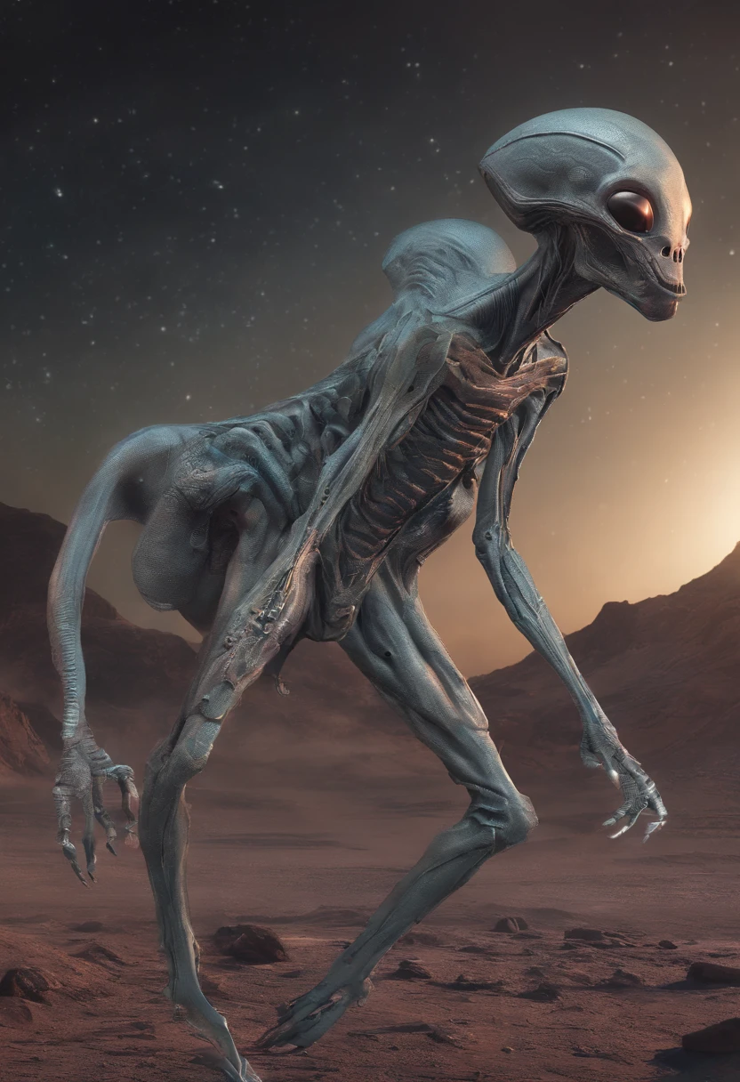 Two aliens on a barren planet alien plants,A physique and appearance very different from those of humans.,A real sense of oppression,Super textured,Super luz y sombra,Realista,Primer plano en todo el cuerpo,Textura peculiar de la piel,