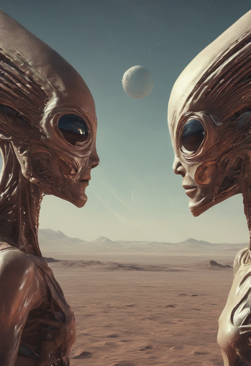 Two aliens having sex, next to a volvo truck, At the sunset