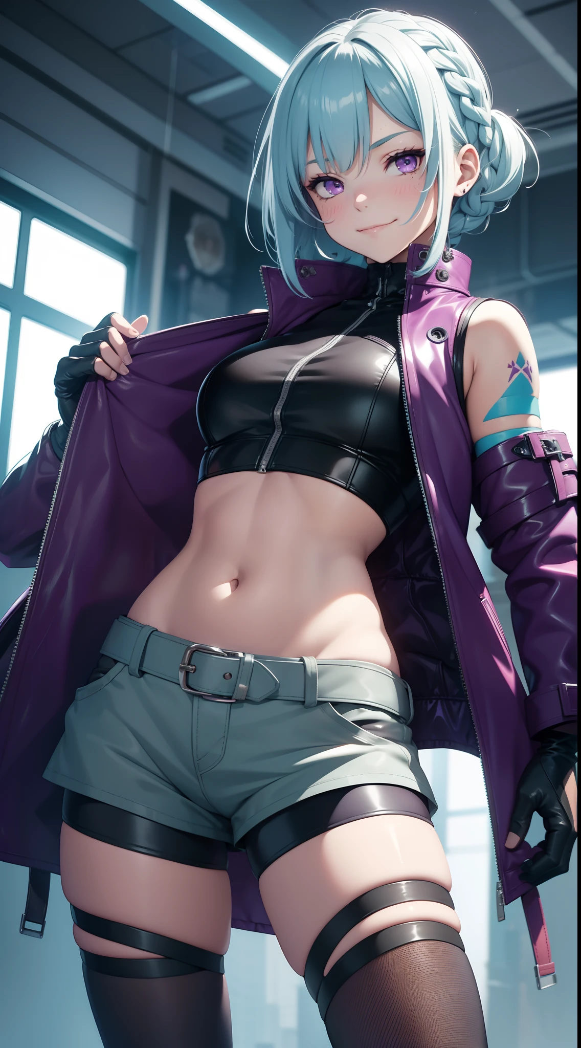 young girl, short white hair, braid, purple eyes, cyan leather coat, sleeveless, open belly, shorts, long tights, long gray gloves, red tattoo, smirk, Masterpiece, hiquality, 4k, HD, Good detail