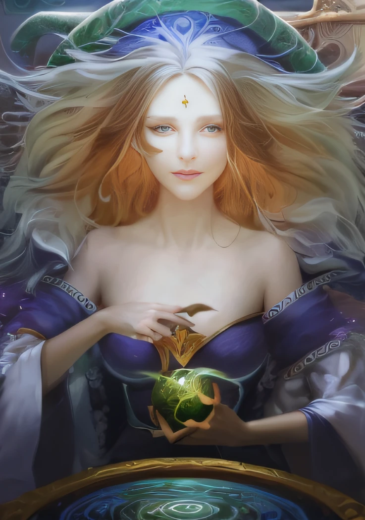 a drawing,A woman with long hair holds a green ball, beautiful female witch, beautiful female witch, portrait of a sorceress, portrait of a female mage, portrait of female sorcerer, Beautiful celestial mage, sorceress woman, beautiful sorceress female, Human :: sorceress woman, beautiful female sorceress