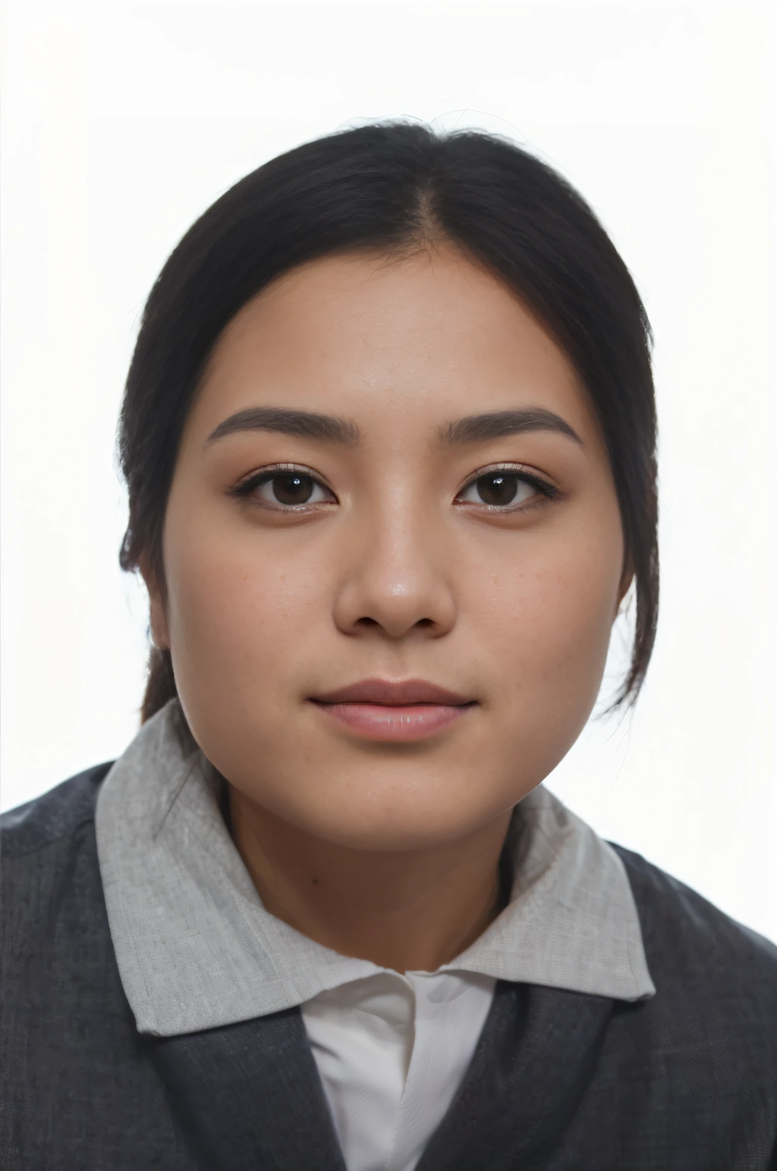 Portrait of a 30-year-old Chinese lady,petty eyes,Face emaciation,without a beard,Good facial features,Symmetrical facial features,The ears are symmetrical and clear,Ultra-clear and realistic facial features,hair natural,He wears a white shirt,Gray blazer,The texture of the clothes is clear,Ultra-clear texture,Camera shooting effect,Light and shadow are natural,symmetrical clothes,The collar is symmetrical and coordinated,Ultra-clear and realistic 8K,Very detailed eyes and face,Hyper-detailing, High definition, Very detailed, Best quality, Masterpiece, , Realistis, Real, 8K wallpaper,Background details for foreground objects (Masterpiece: 1.2) (Photorealistic: 1.2) (Bokeh: 1.2) (Best quality) (Color grading) (Detailed skins: 1.3) (complex) (8K)(Movie lighting: 1.3) (Sharp focus), Glossy glossy skin, Front Ultra HD, Digital SLR, Soft lighting, High quality, Skin texture, filmgrain, Close up, 超高分辨率,