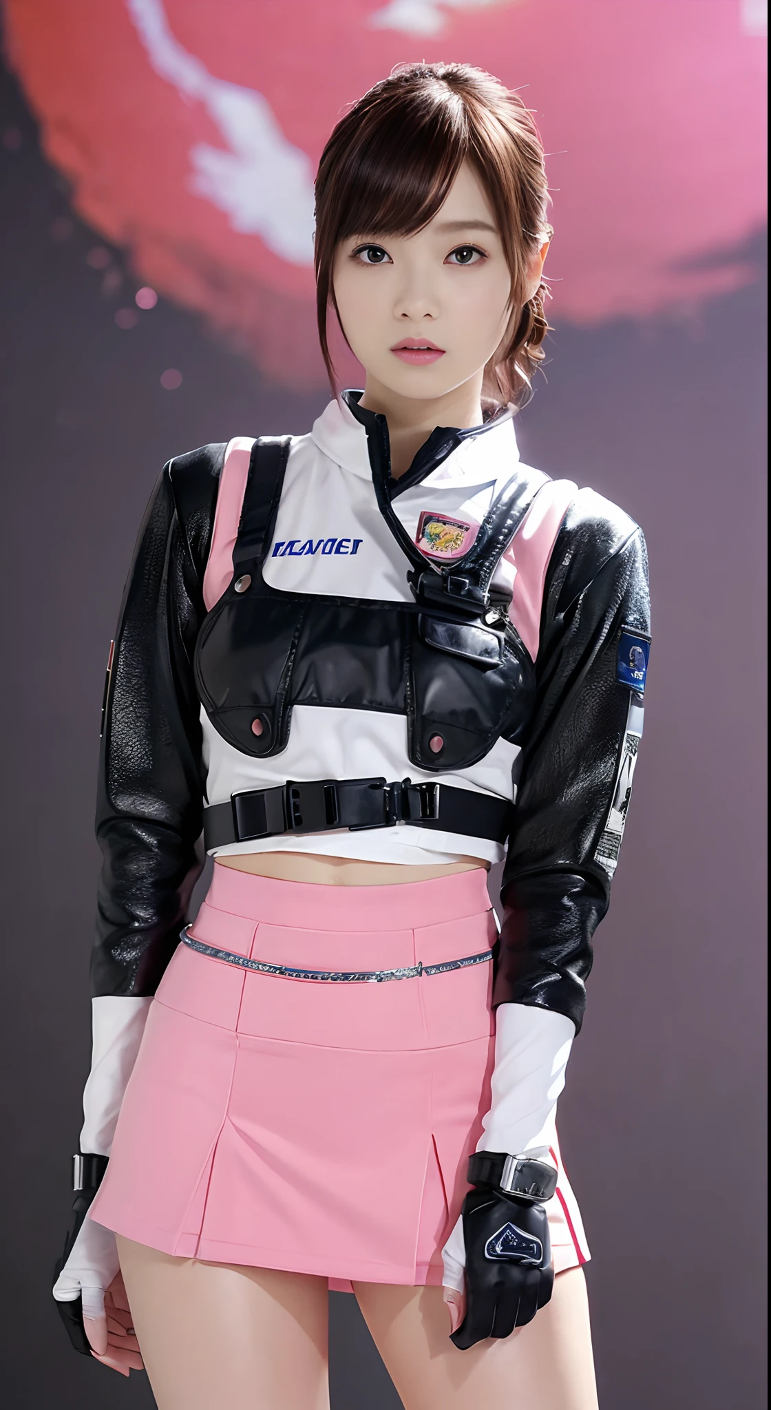 (Top Quality, Ultra High Definition, Photorealistic:1.4), (cowboy shot:1), 1 Beautiful Armed Girl, (Kpop Idol), Detailed Face, (Hair Style: Pink:1, fullbang, shortbob-style:1), Contrapposto, Perfect Anatomy, ((wearing Futuristic Police Racing Suits, low-mini-skirt, police wappen, High-tech Headset, military harness, racing gloves, )), (Cloths colors based on silver pink black white), (background, crashed cars, fire, (Explosion)),