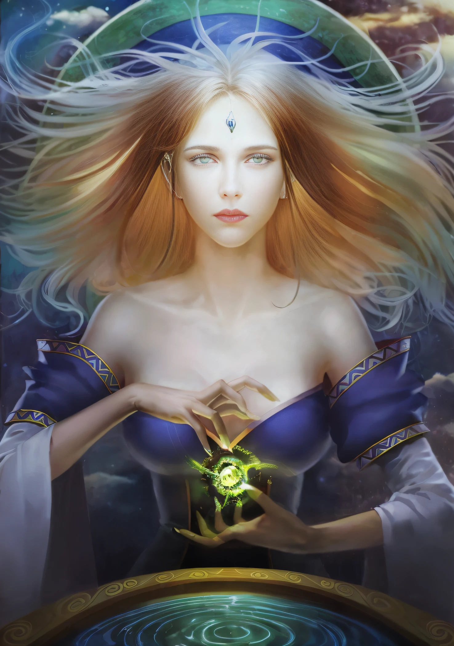 a drawing，A woman with long hair holds a green ball, beautiful female witch, beautiful female witch, portrait of a sorceress, portrait of a female mage, portrait of female sorcerer, Beautiful celestial mage, sorceress woman, beautiful sorceress female, Human :: sorceress woman, beautiful female sorceress