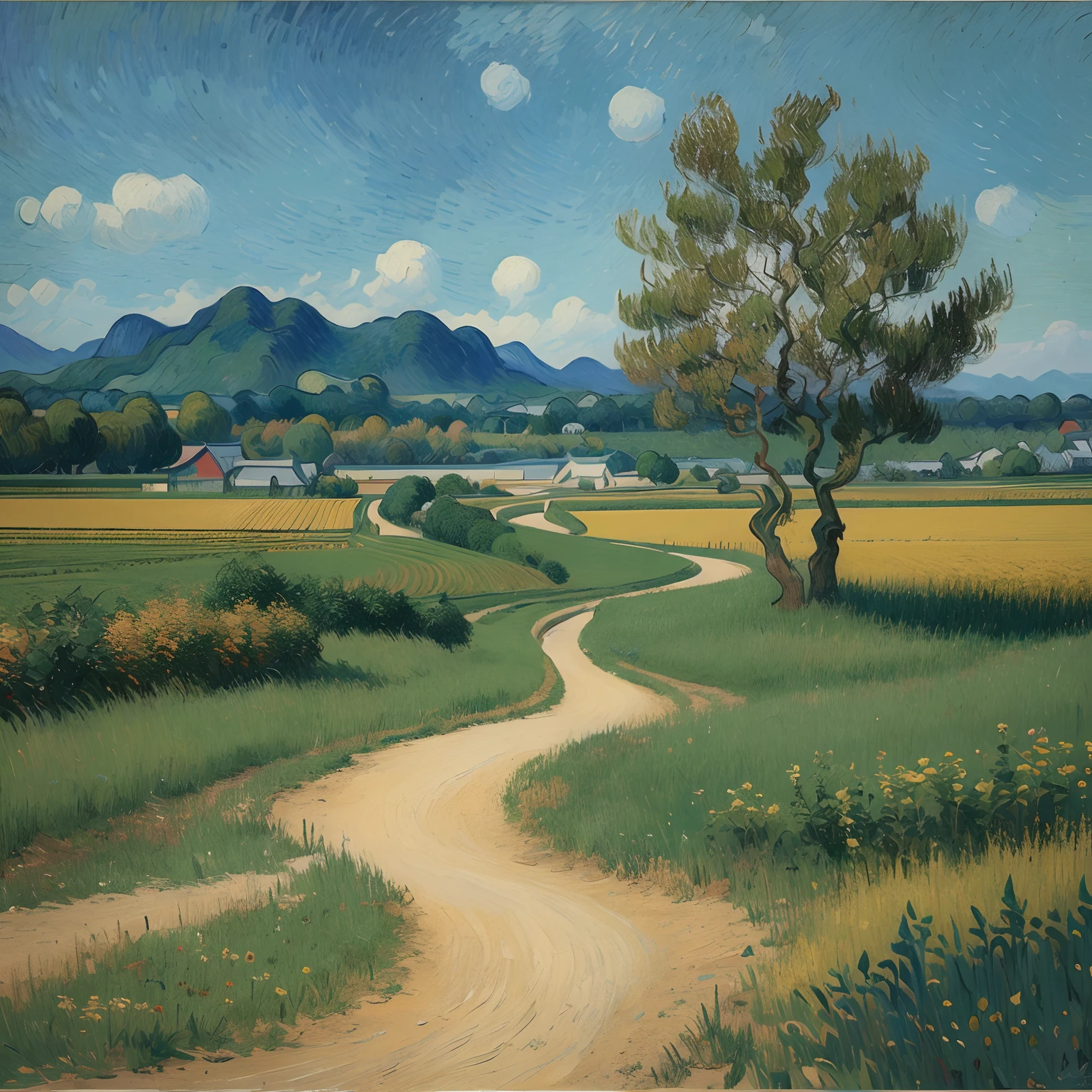 (van gogh painting), Using Van Gogh's brushstrokes, methods and color senses, create a landscape painting, Vietnamese countryside scene.