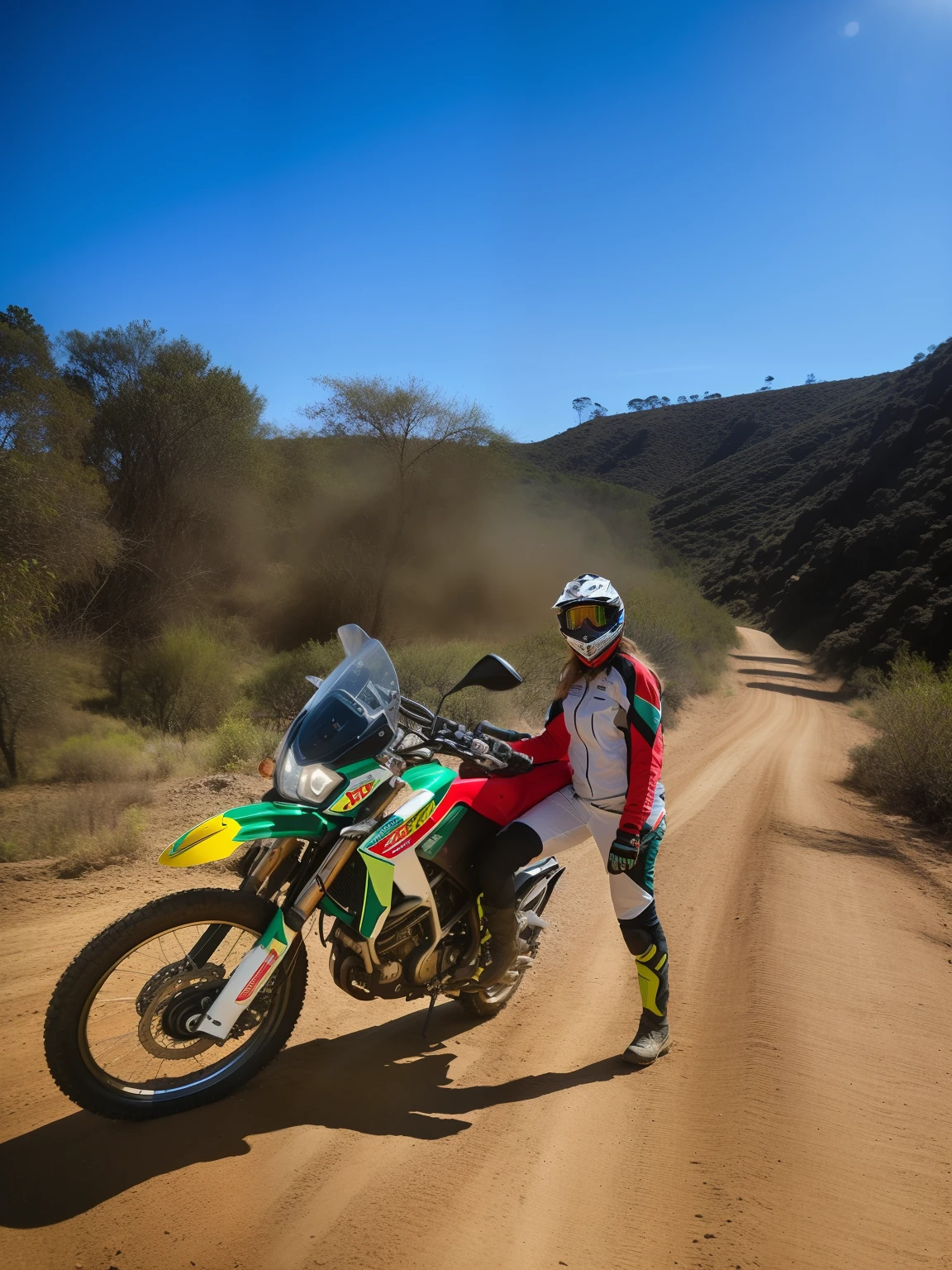 There's a woman next to a motorcycle on a dirt road, touring, Fora de estrada, muito feliz!, 2 0 1 4, 2014, Motocicleta Ducati Desert x, Em Brasil, Horseback Riding, imagem de uma motociclista feminina, Caroline Gariba, divertindo-se, Andar na estrada, postprocessed, por Romain brook, Foto POV, Kawasaki
