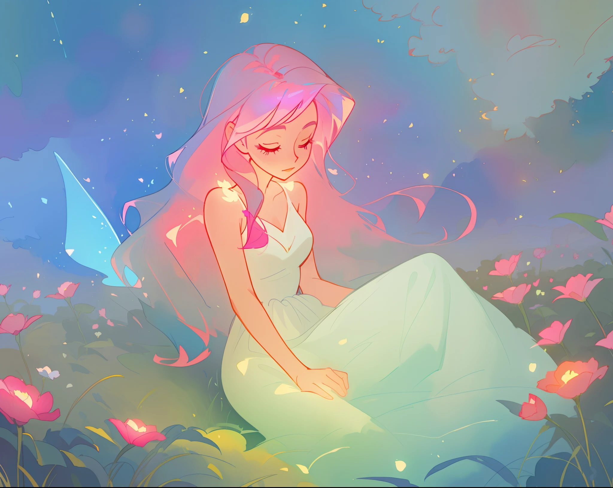 beautiful girl in white dress, fairy dress, beautiful girl sitting in a field with pink red flowers, glowing lights, whimsical landscape, long pink flowing hair, watercolor illustration, inspired by Glen Keane, inspired by Lois van Baarle, disney art style, by Lois van Baarle, glowing aura around her, by Glen Keane, jen bartel, glowing lights! digital painting, flowing glowing hair, glowing flowing hair, beautiful digital illustration, fantasia otherworldly landscape plants flowers, beautiful, masterpiece, best quality, anime disney style