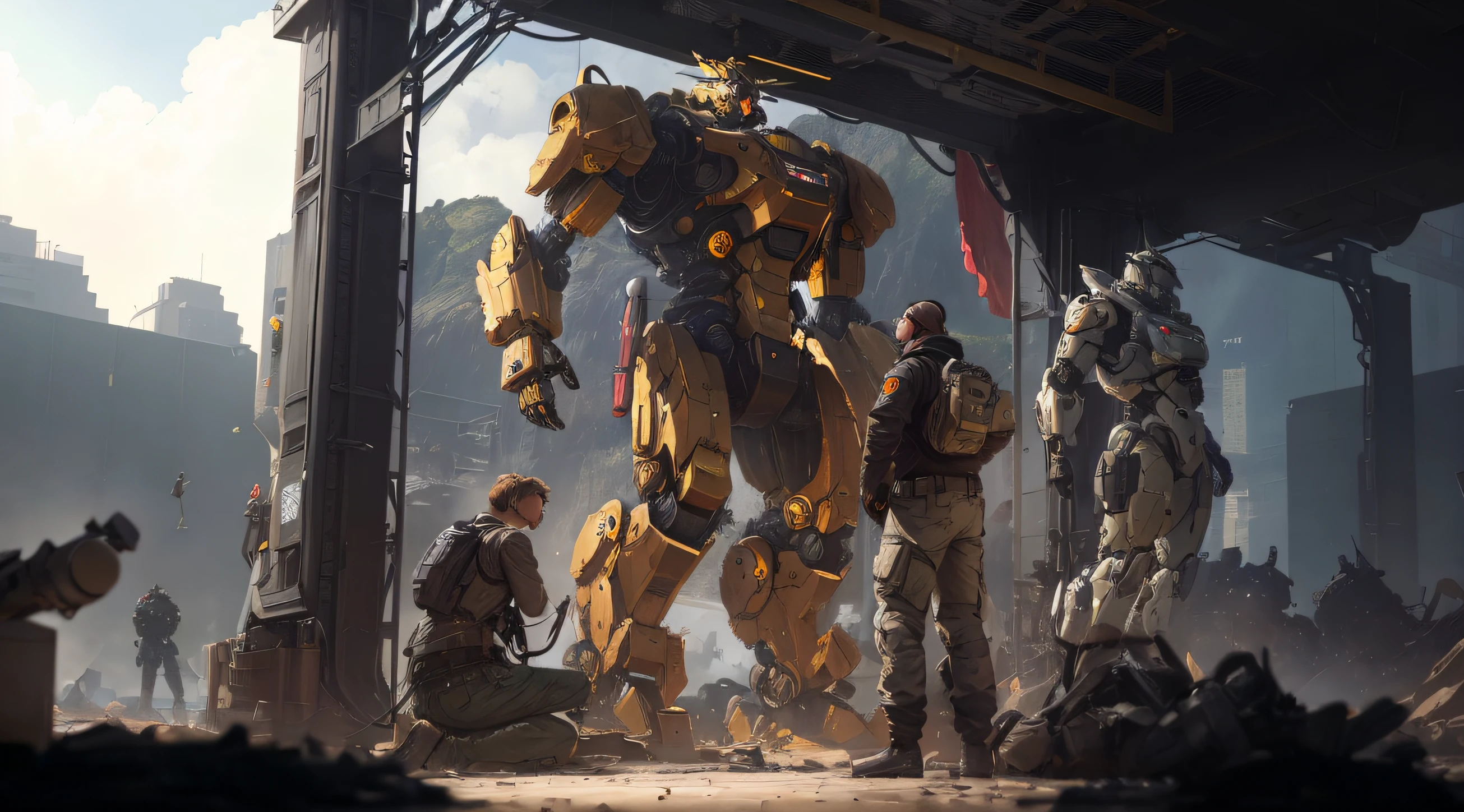 (Best quality,4K,8K,A high resolution,Masterpiece:1.2),Ultra-detailed,(Realistic,Photorealistic,photo-realistic:1.37),A group of people stand around a giant robot,A golden life-size mech,Combat technique style,discarded mech in background,Concept art inspired by Apex Legends,A national anthem inspired by the national anthem game,Huge mech,Golden mech,Soldiers fight mechs,Combat skills,Mecha at the edge of the Pacific Ocean in the background,Comic-style mech,Engineers build huge mechs,mech concept art,The background is inside a military factory