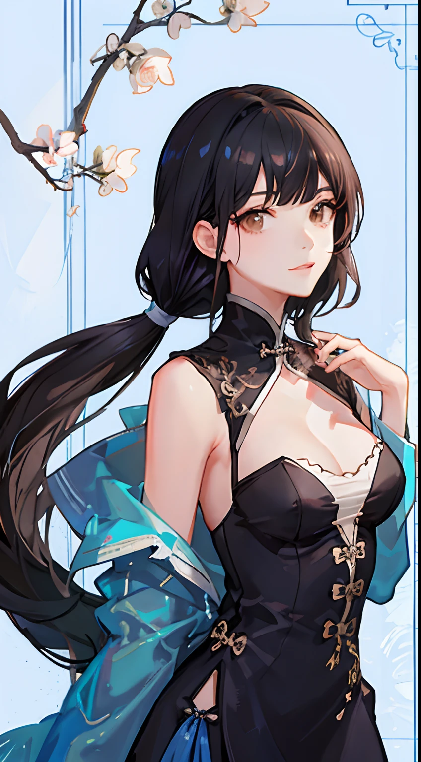 Girl,full bodyesbian,(Detailed face:1.2), Masterpiece, Fashion,Chinese dress,, Medium hair, Black hair, double tails, Blunt bangs, Brown eyes,