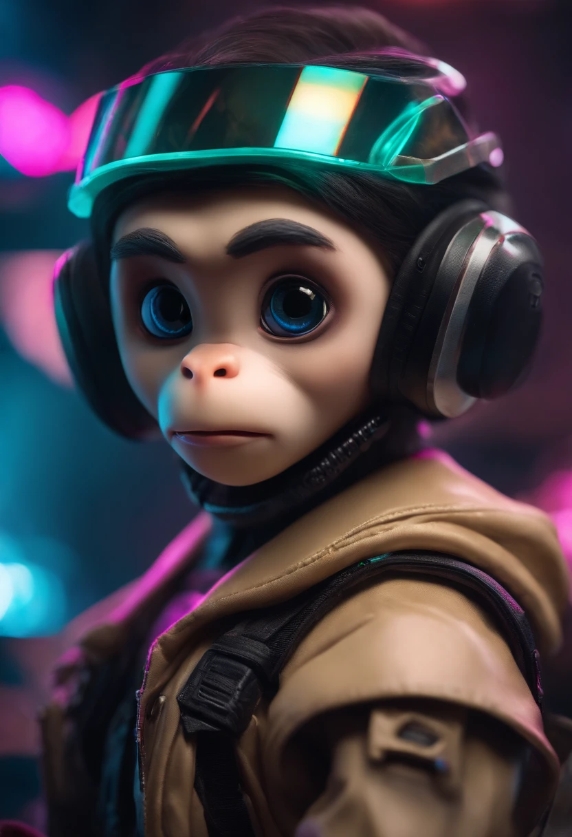 Realistic portrait photography + dynamic composition for anthropomorphic chibi vaporwave monkey movie shooting, incredible detail, sharpening, detail + intricate detail + professional lighting, cyberpunk, gamer.
