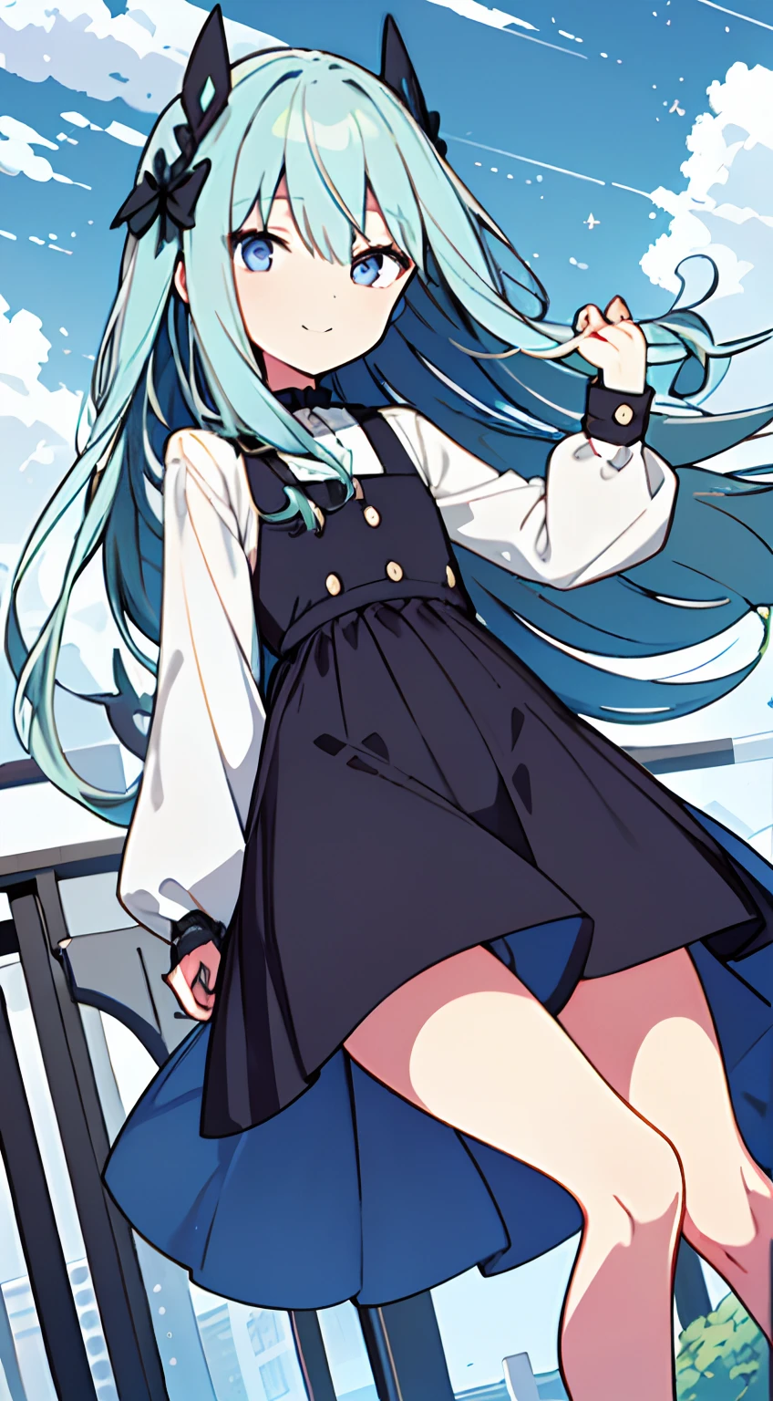 masuter piece, Best Quality,32K、Wallpaper, ultra -detail, Absurd beauty, 1beautiful girl、Big crisp eyes、Hair fluttering in the wind、Slender legs、Smaller head、miscievous smile、Angle looking up from below:1.3、♡♡♡