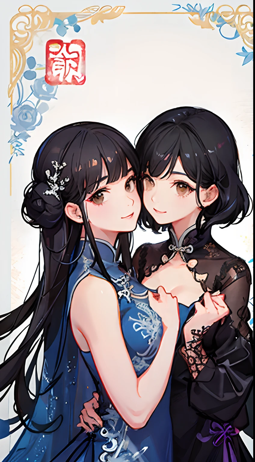 Girl,full bodyesbian,(Detailed face:1.2), Masterpiece, Fashion,Chinese dress,, Medium hair, Black hair, double tails, Blunt bangs, Brown eyes,