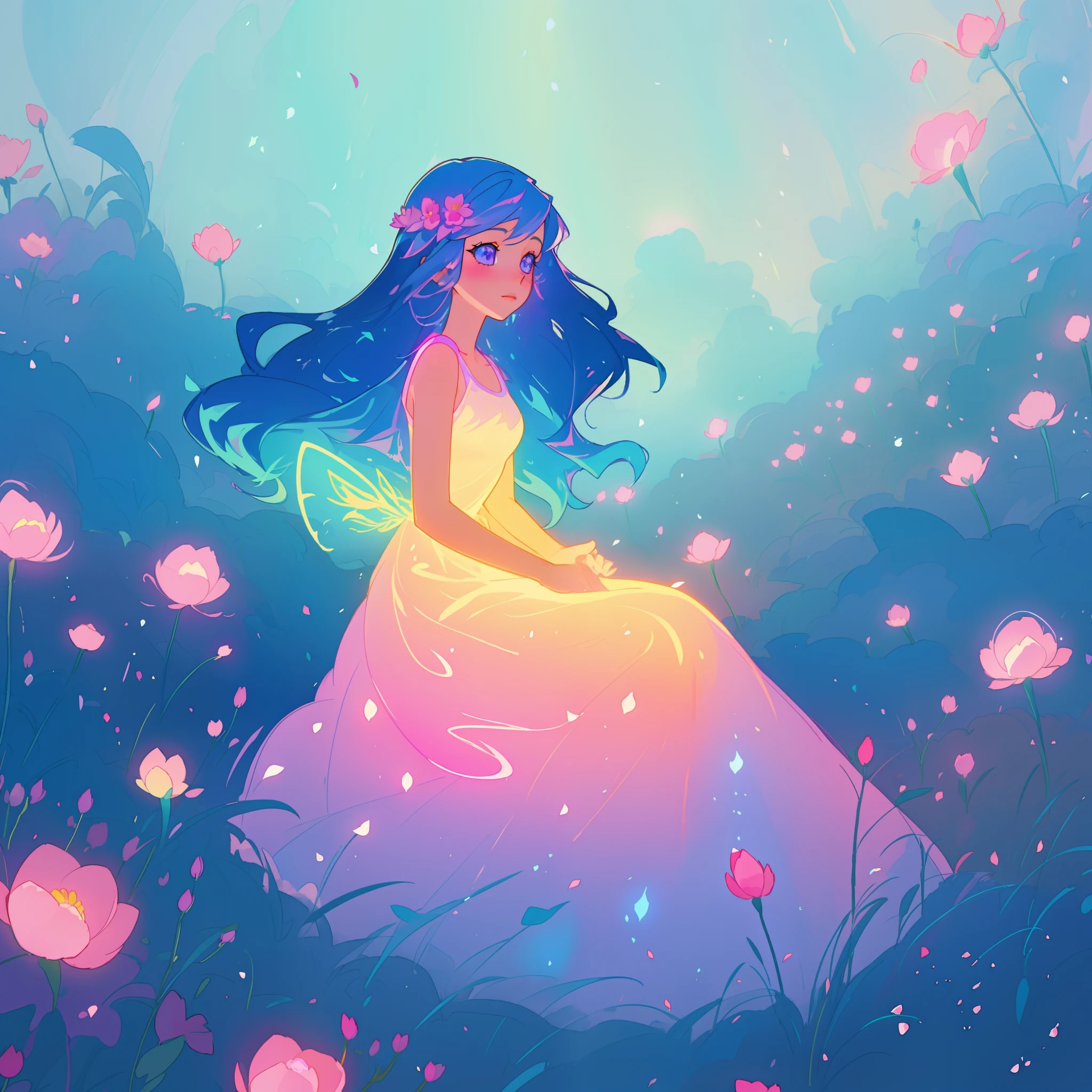 beautiful girl in gradient colorful dress, yellow pink purple fairy dress, beautiful girl sitting in a field with pink red flowers, puffy pink flowers, glowing lights, whimsical landscape, long dark blue flowing hair, watercolor illustration, inspired by Glen Keane, inspired by Lois van Baarle, disney art style, by Lois van Baarle, glowing aura around her, by Glen Keane, jen bartel, glowing lights! digital painting, flowing glowing hair, glowing flowing hair, beautiful digital illustration, fantasia otherworldly landscape plants flowers, beautiful, masterpiece, best quality, anime disney style