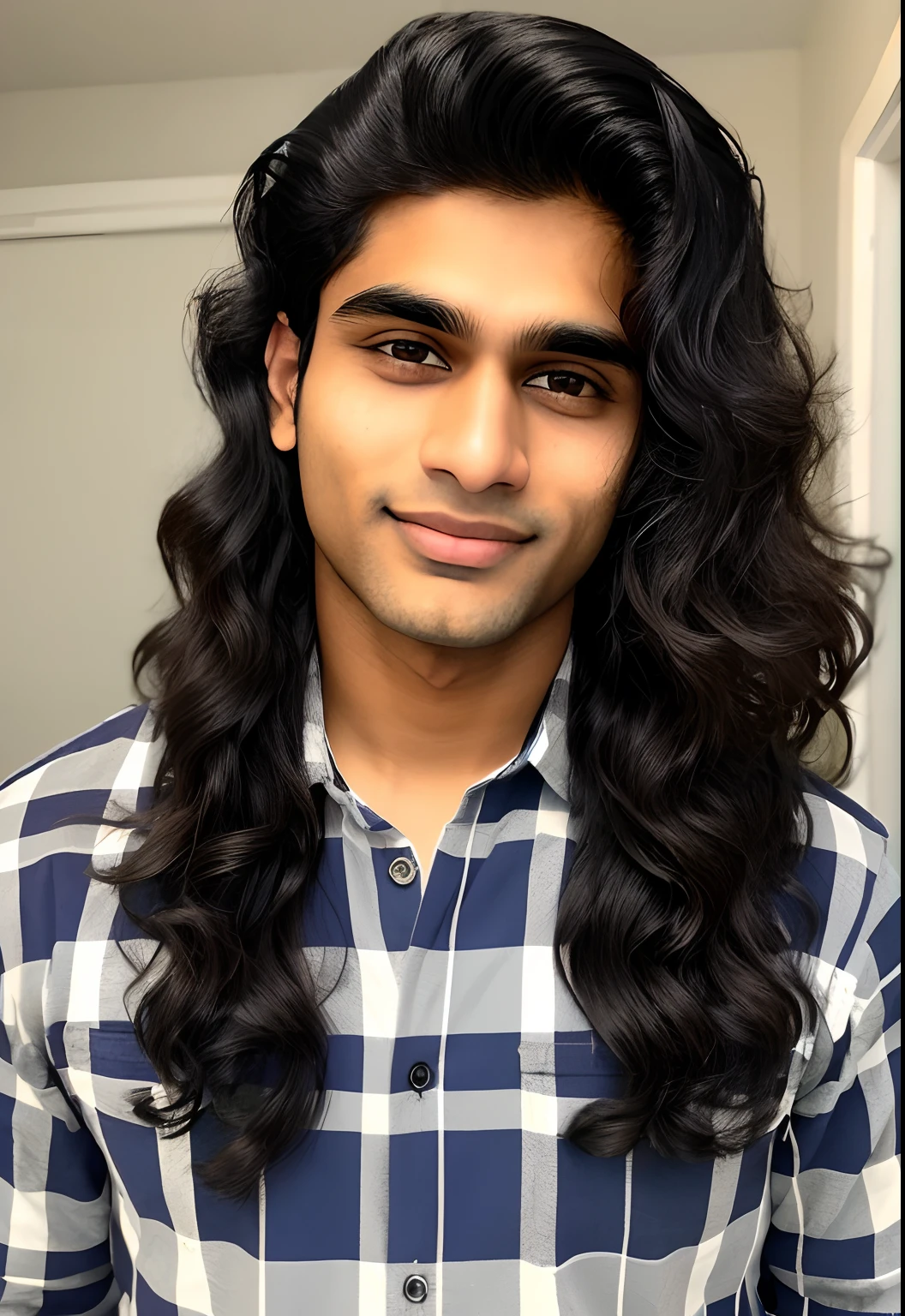 Photo of a cute, 20-year-old clean-shaven Indian-American man with shoulder-length, shaggy, and wavy black hair and brown eyes. He is wearing a plaid shirt. He has a long face and a pointed jaw.