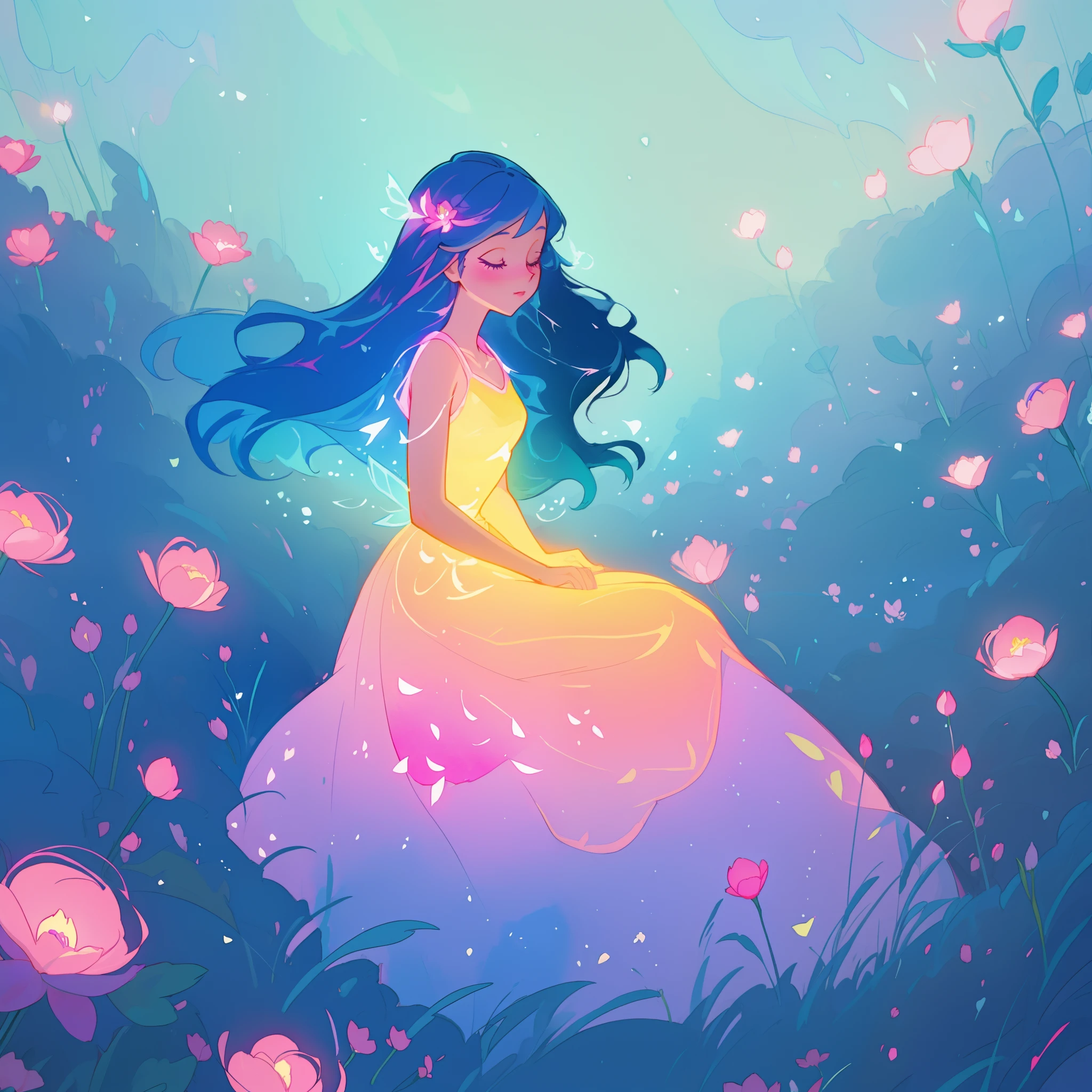 beautiful girl in gradient colorful dress, yellow pink purple fairy dress, beautiful girl sitting in a field with pink red flowers, puffy pink flowers, glowing lights, whimsical landscape, long dark blue flowing hair, watercolor illustration, inspired by Glen Keane, inspired by Lois van Baarle, disney art style, by Lois van Baarle, glowing aura around her, by Glen Keane, jen bartel, glowing lights! digital painting, flowing glowing hair, glowing flowing hair, beautiful digital illustration, fantasia otherworldly landscape plants flowers, beautiful, masterpiece, best quality, anime disney style