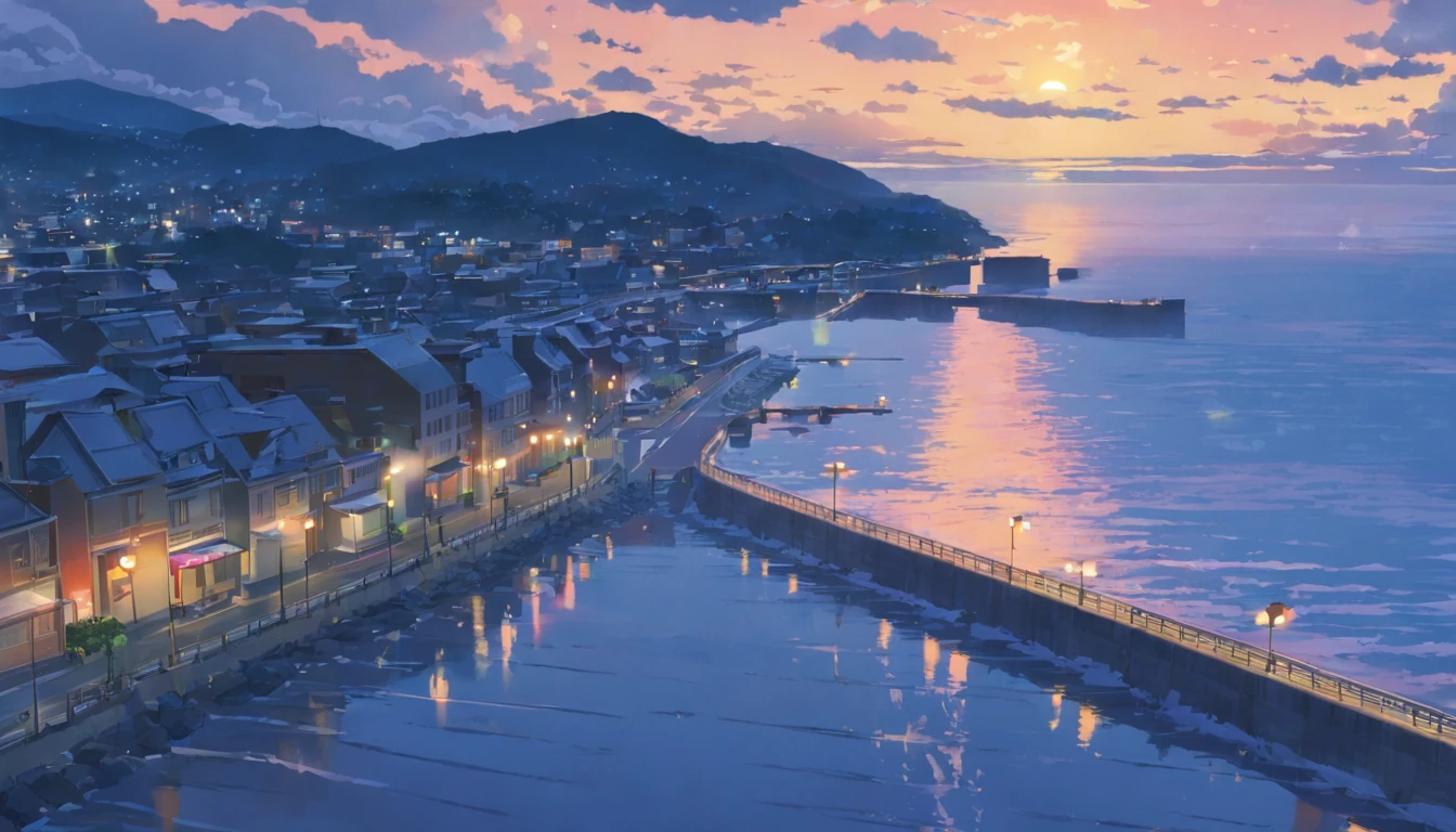 masterpiece、top-quality、Movie stills、 minami ((Winter cold)) Background with Calm sea breakwater quietness telephoto murky cloudiness mournful (By the sea Road by the sea) ((greys cloudiness 云 Ephemeral , overcast cloudy )) Sateen rainy day bad weather sideshot natta Midnight