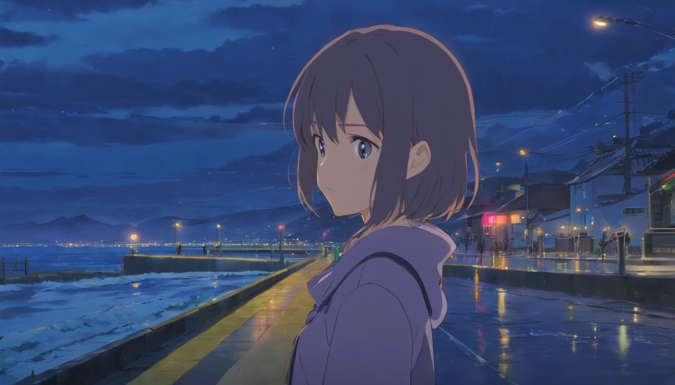 ​masterpiece、top-quality、Movie stills、　minami　((Winter cold))　Background with　　Calm sea　breakwater　quietness　telephoto　murky　cloudiness　mournful　（By the sea　Road by the sea）　　((greys　cloudiness　云　Ephemeral　, overcast　cloudy　)) Sateen　rainy day　　bad weather　sideshot　natta　Midnight