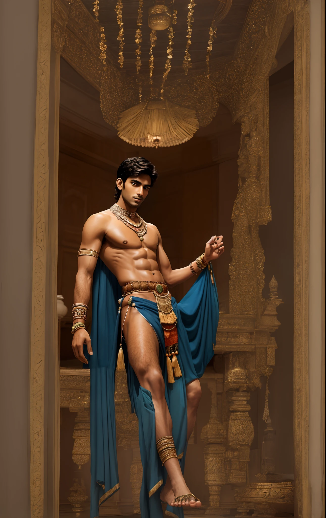 Well-defined athletic legs, slightly hairy, bare feet, multiple Kuchi anklets on his ankles, in an opulent Indian palace interior