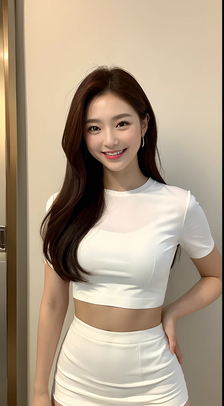 White tight shirt、White tight mini skirt、hotel、a smile、shortsleeves、high-level image quality