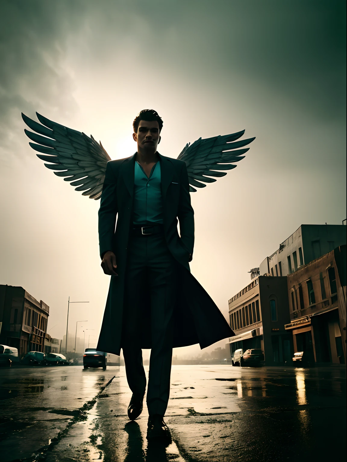 Cinematic shot of a heavenly handsome winged male angel, on a desert city street, on a rainy night, cinematic lighting, view from below, vivid color palette, high contrast, photographed by Guy Aroch