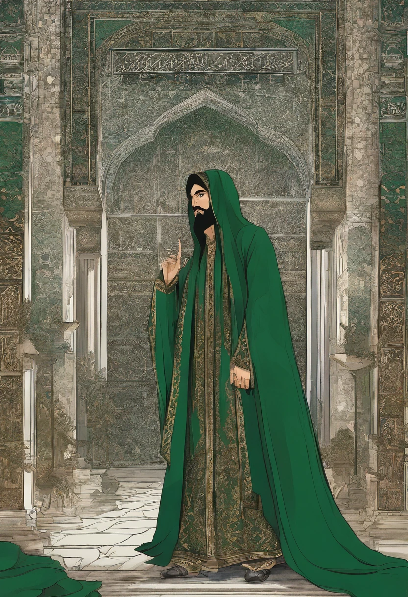 An arabian man with green robe telling parables in a crowd, mosque, 1400 years ago, Islamic elements, extremely detailed