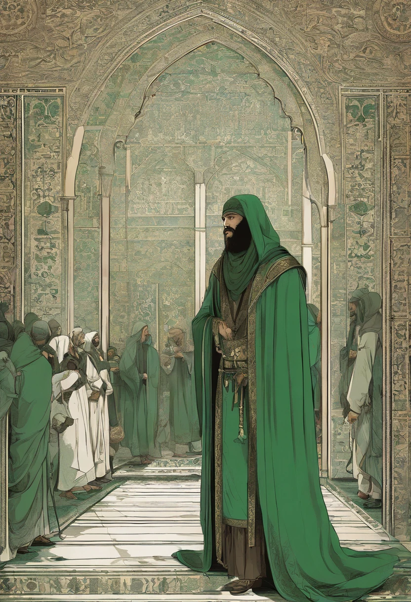 An arabian man with green robe telling parables in a crowd, mosque, 1400 years ago, Islamic elements, extremely detailed
