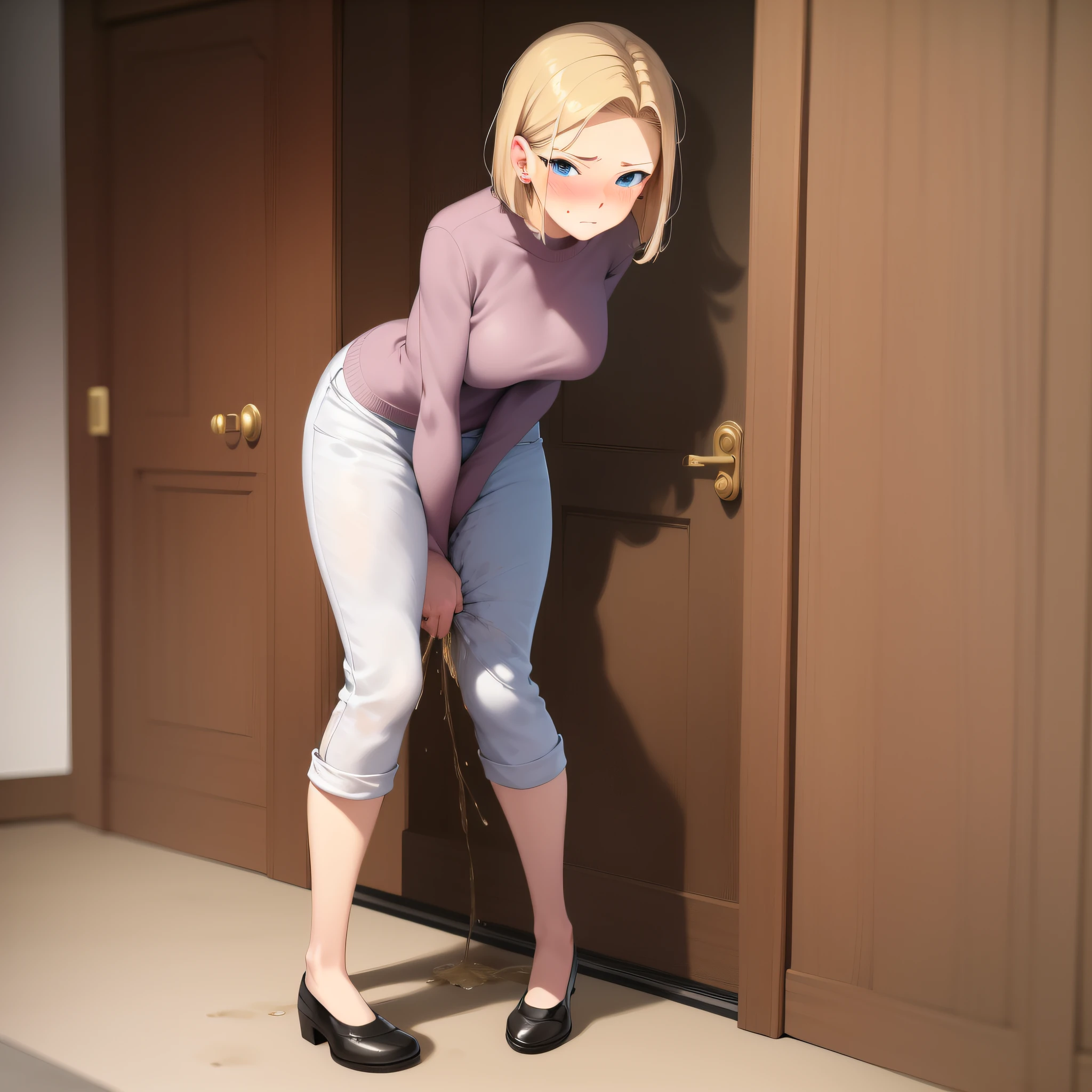 best illustration, masterpiece, best quality, absurdres, 1girl, beautiful face, realistic eyes, looking at viewer, have to pee, (peeing self), trembling, full body, blush, embarrassed, door, and18, 1girl, android 18, solo, blonde hair, blue eyes, short hair, earrings, large breasts,